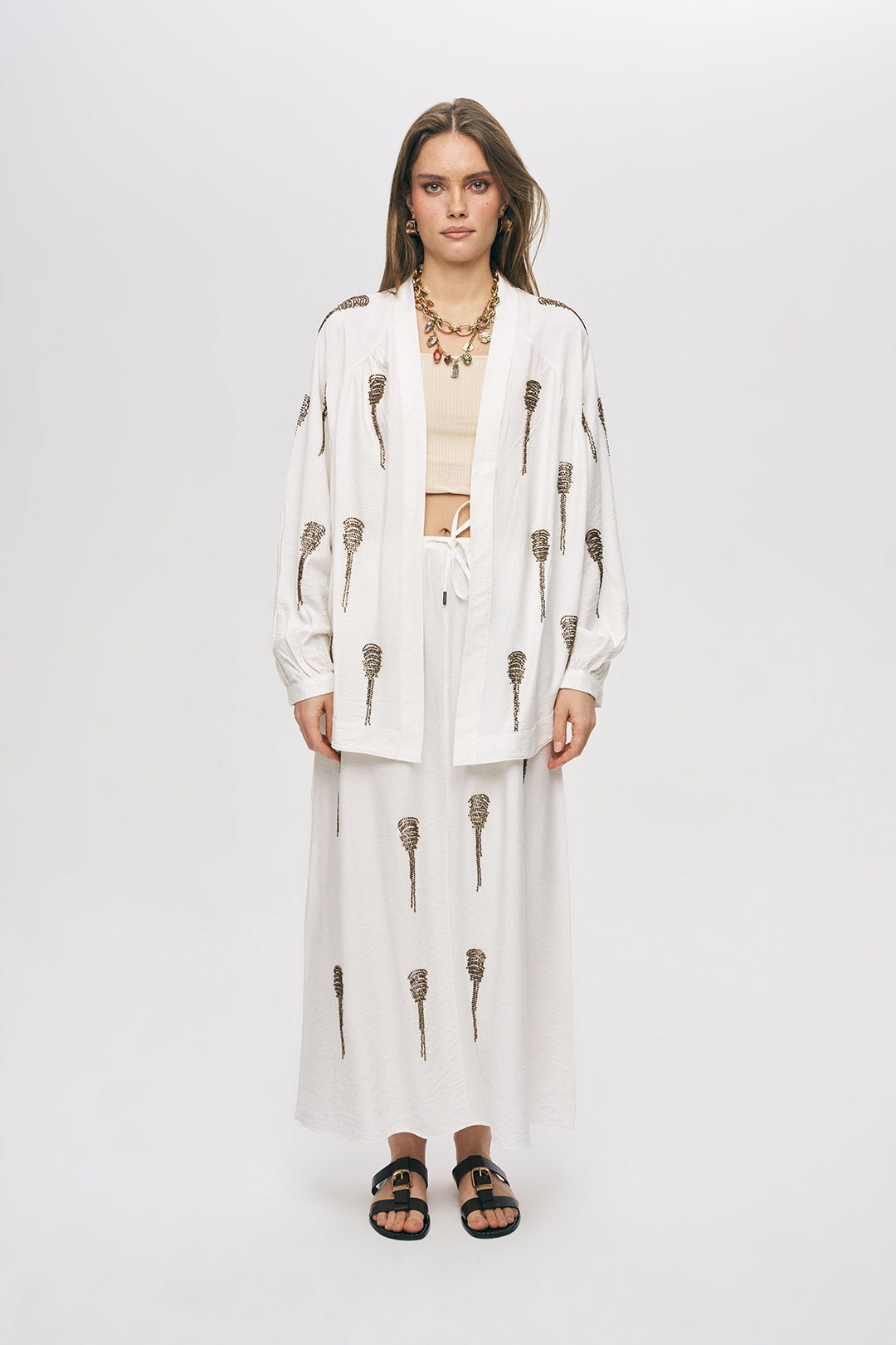 Orfeonegro Boncuk İşlemeli Ekru Kimono