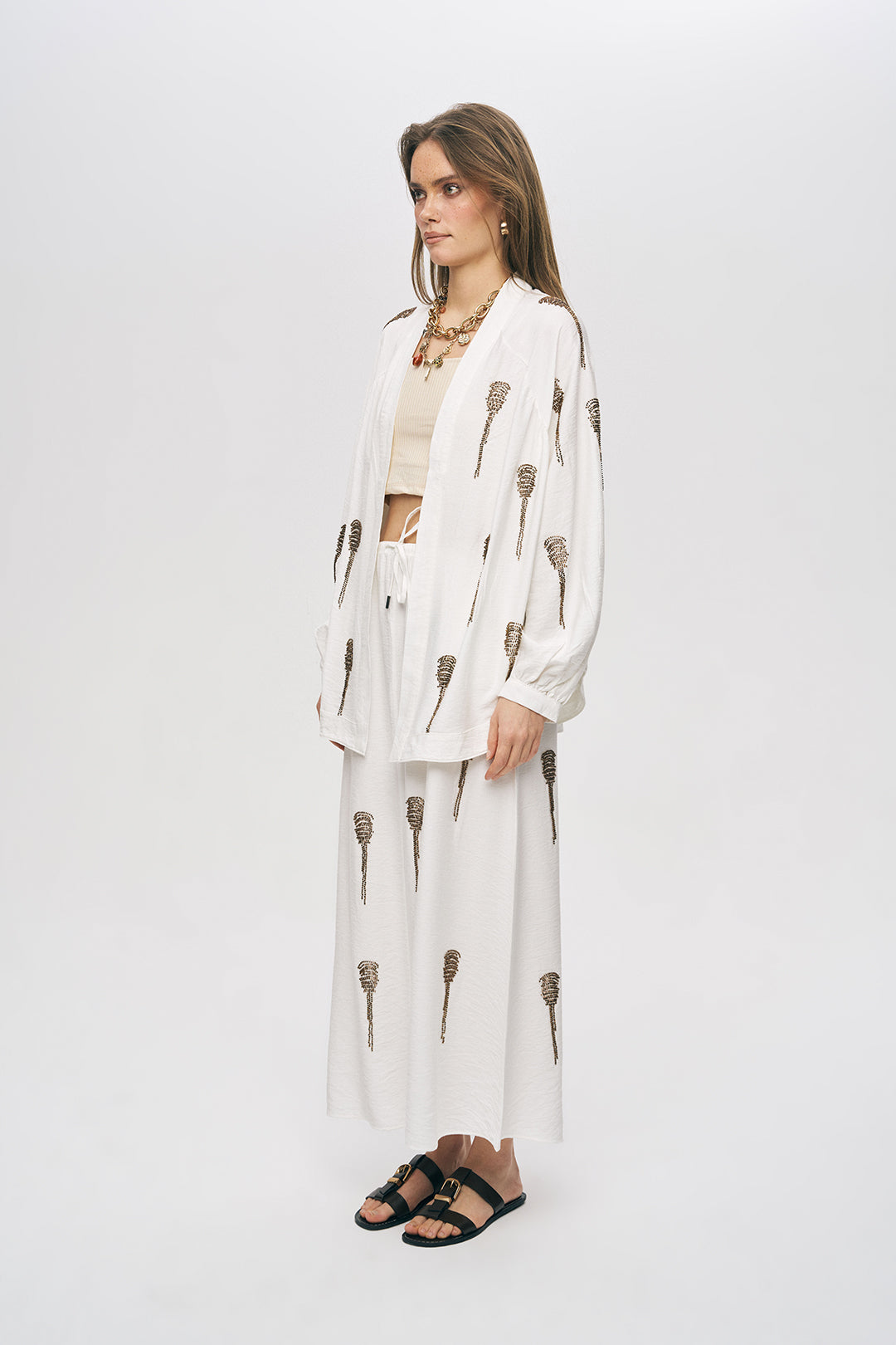 Orfeonegro Boncuk İşlemeli Ekru Kimono