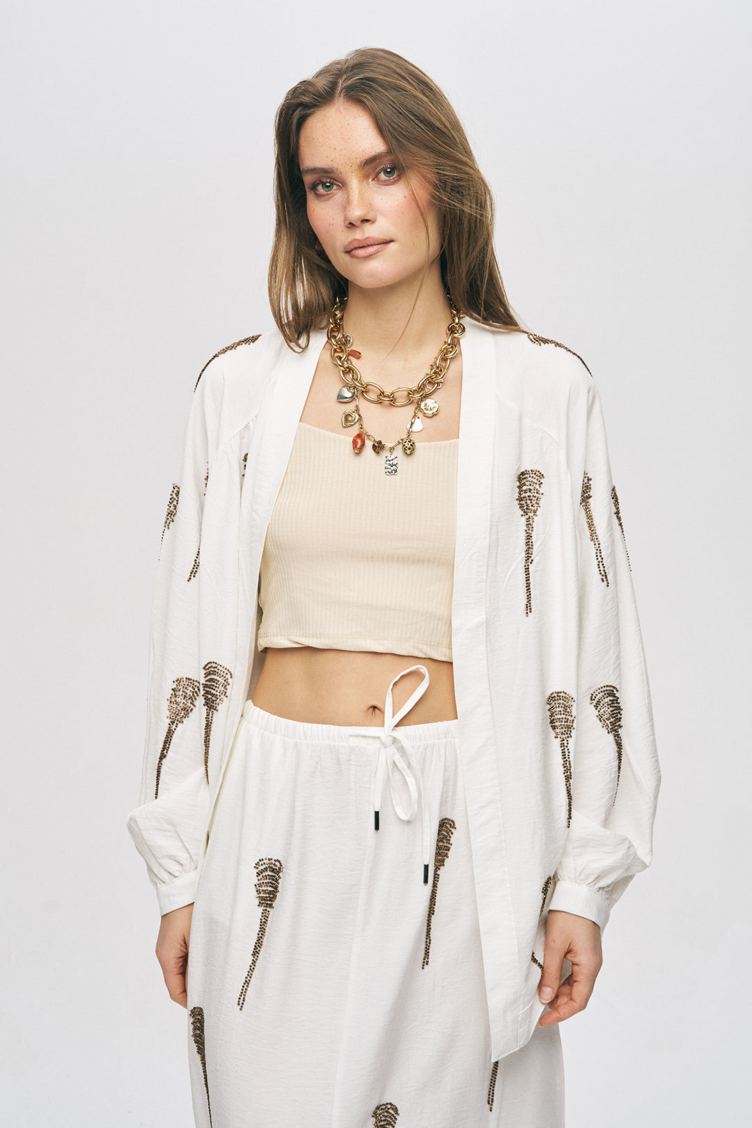 Orfeonegro Boncuk İşlemeli Ekru Kimono