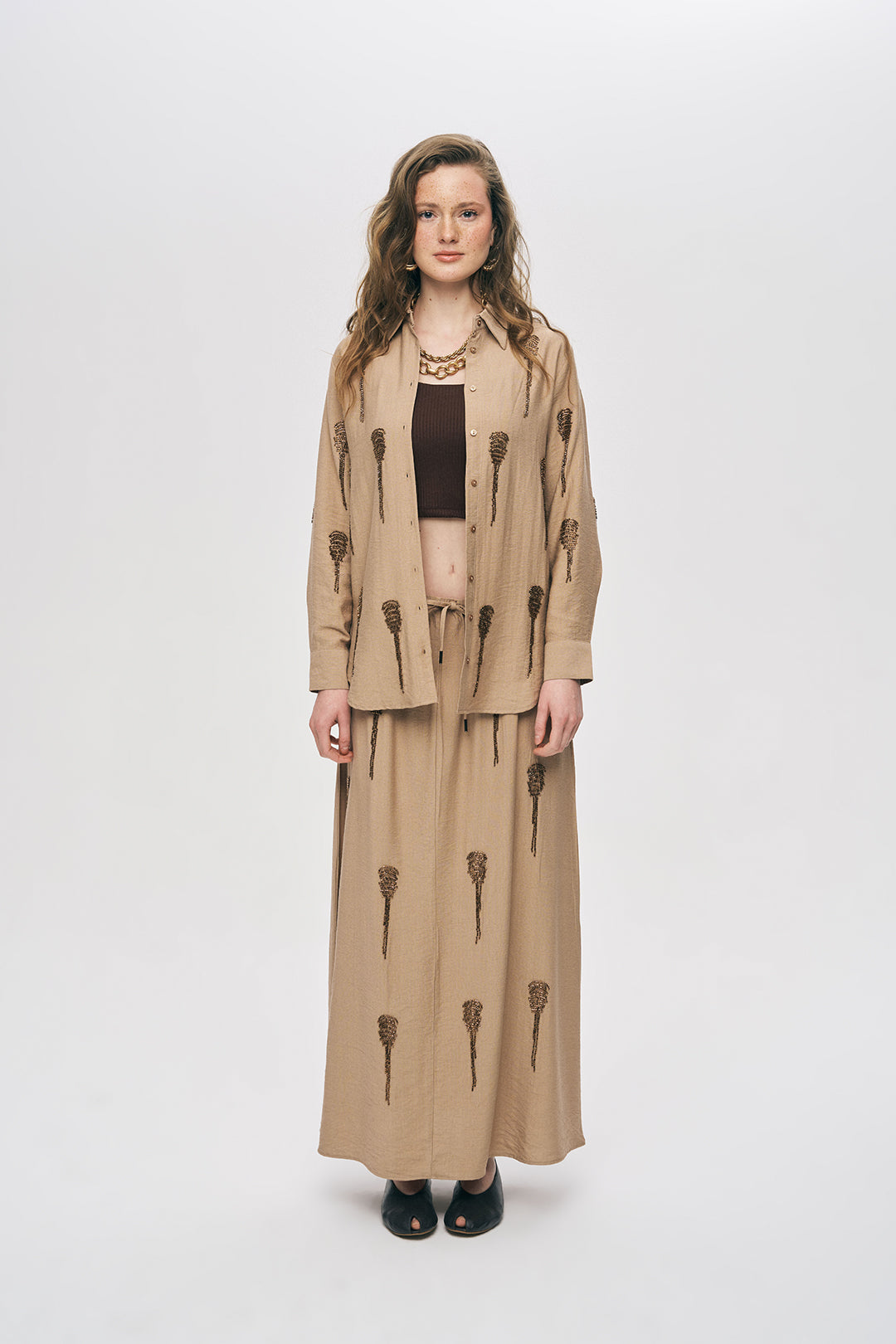 Orfeonegro Boncuk İşlemeli Bej Gömlek