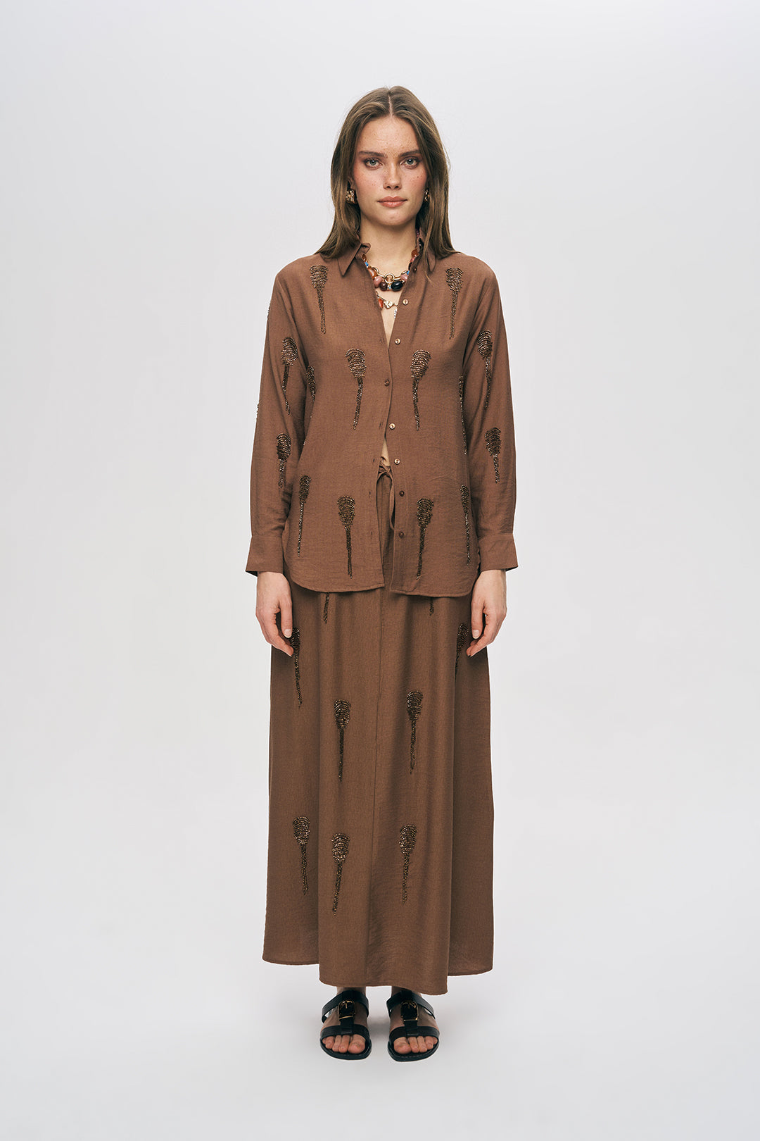 Orfeonegro Boncuk İşlemeli Kahve Gömlek