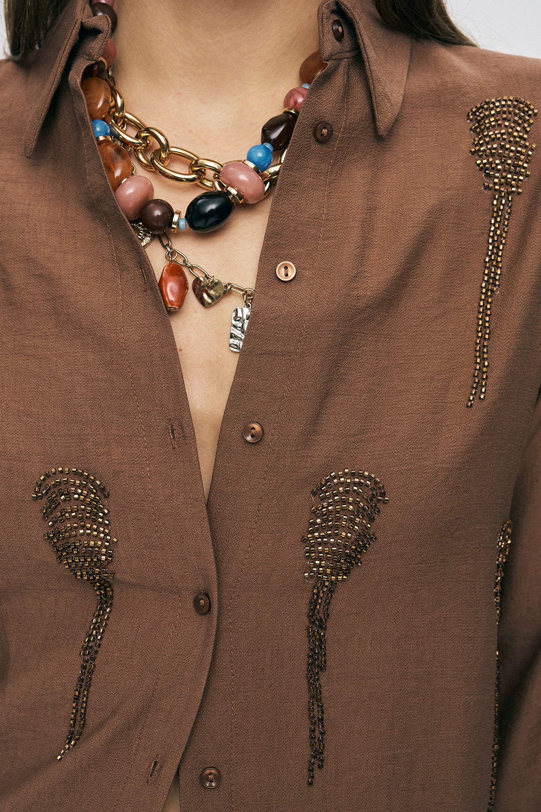 Orfeonegro Boncuk İşlemeli Kahve Gömlek