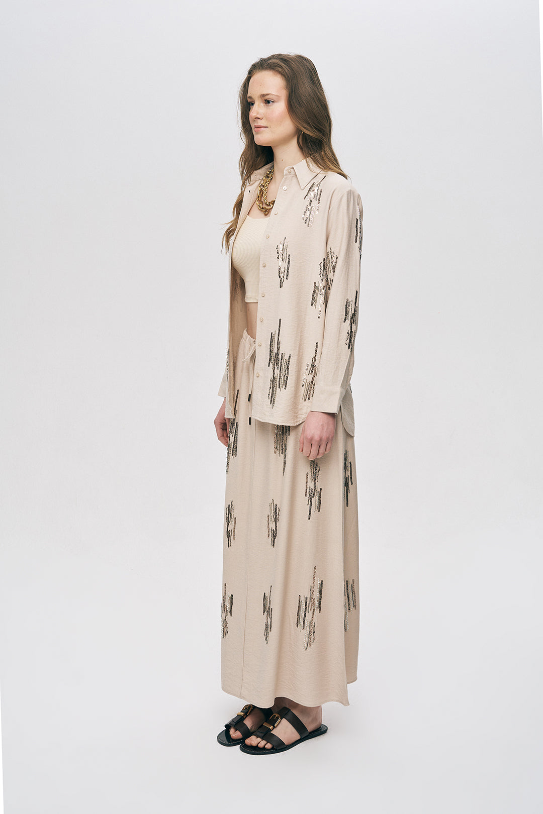 Orfeonegro Açık Bej Işıltılı Payet İşlemeli Gömlek
