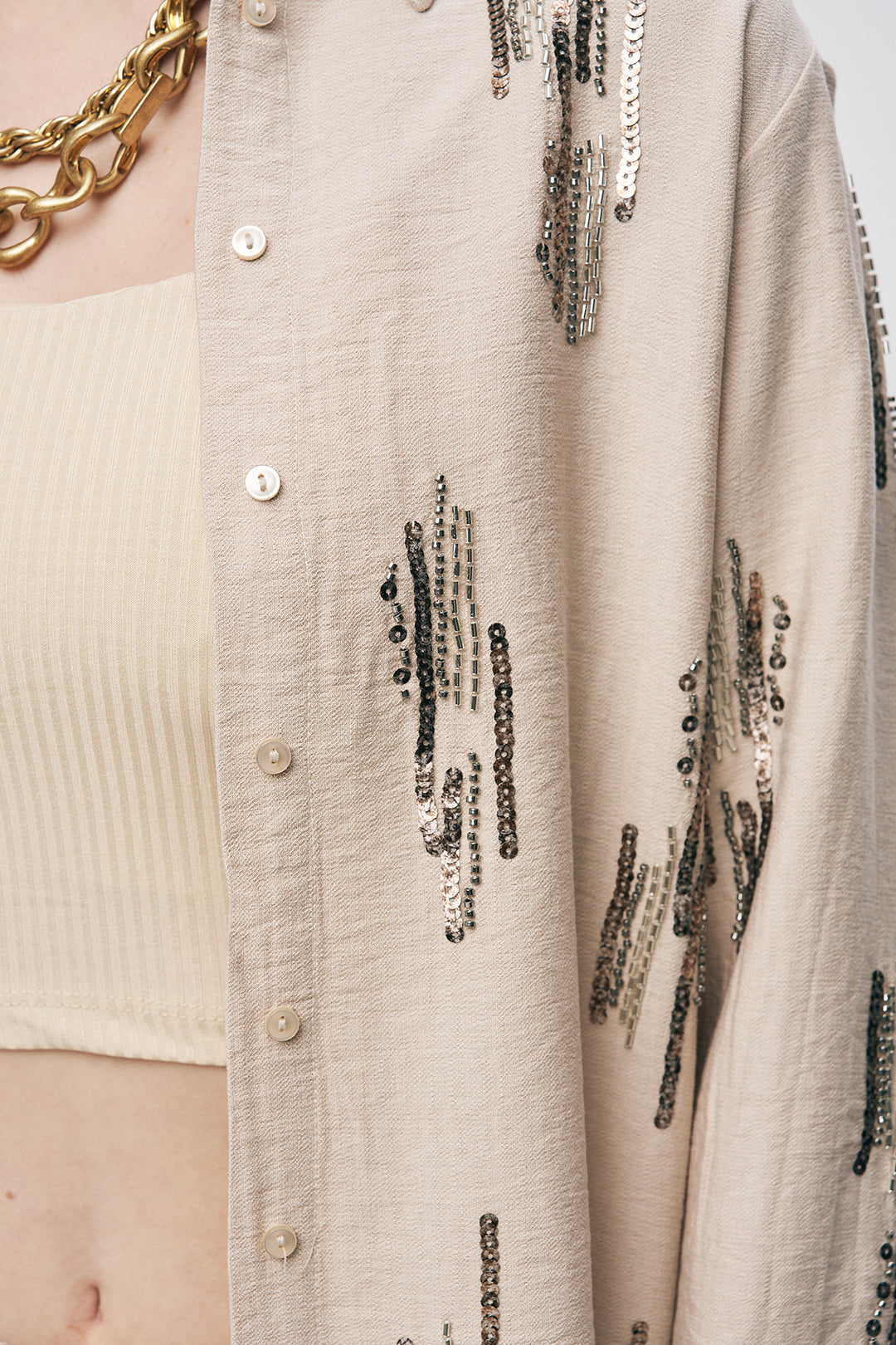 Orfeonegro Açık Bej Işıltılı Payet İşlemeli Gömlek