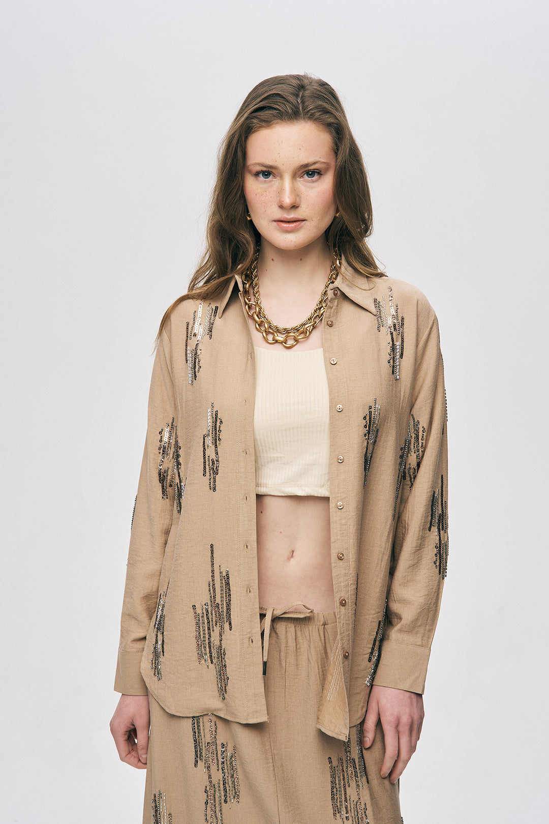 Orfeonegro Bej Işıltılı Payet İşlemeli Gömlek