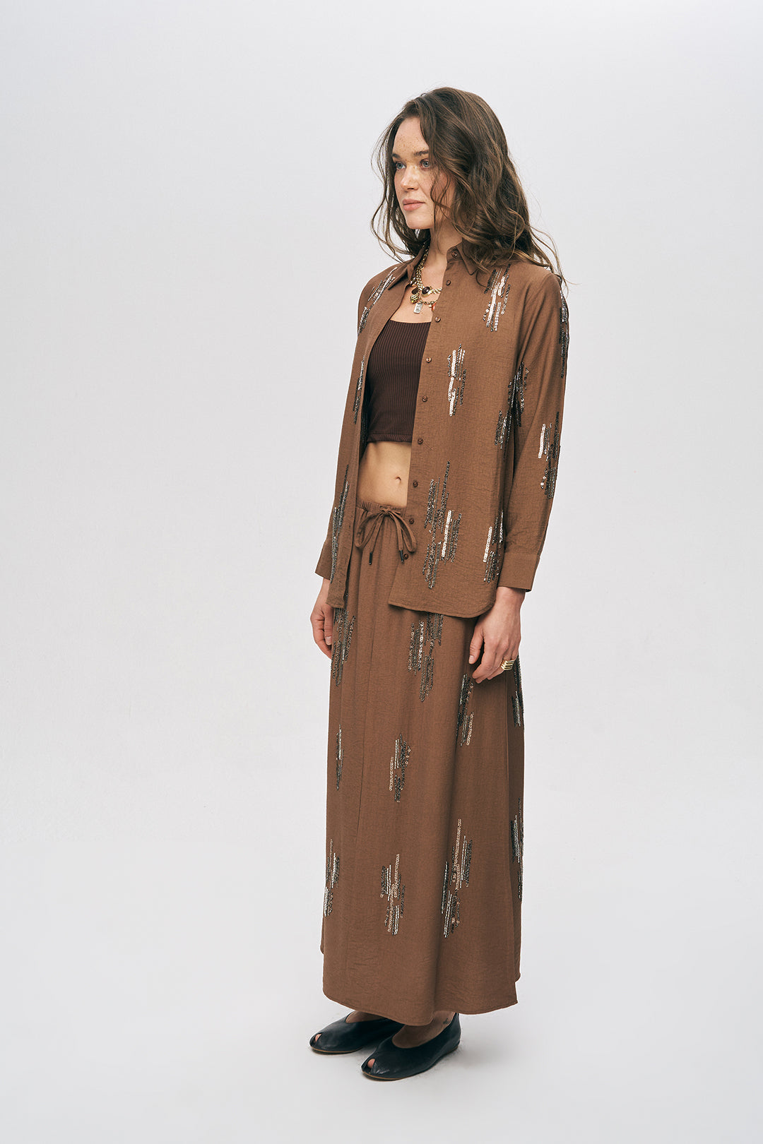 Orfeonegro Kahve Işıltılı Payet İşlemeli Gömlek