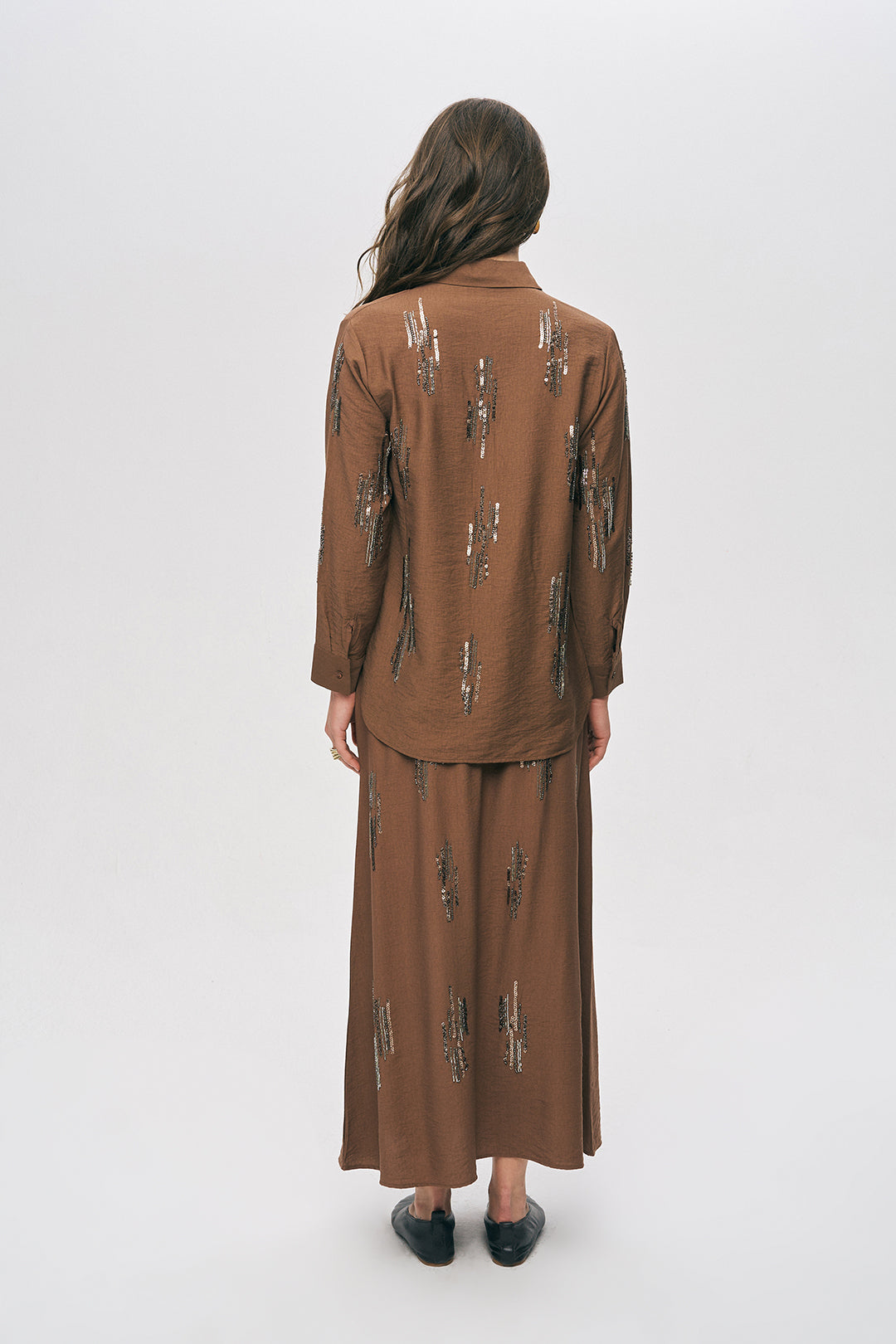 Orfeonegro Kahve Işıltılı Payet İşlemeli Gömlek