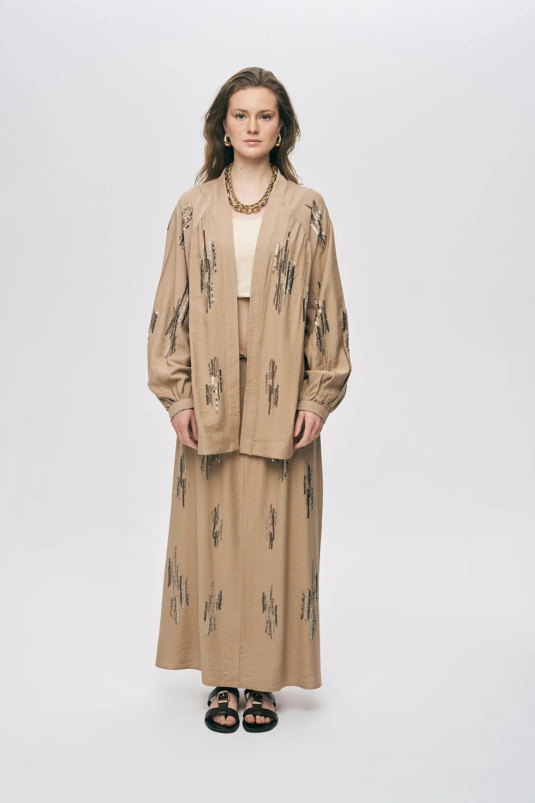 Orfeonegro Bej Işıltılı Payet İşlemeli Oversize Kimono ORFEONEGRO