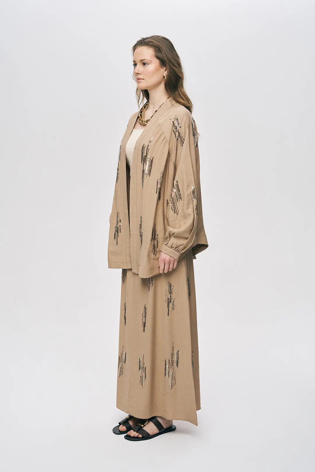 Orfeonegro Bej Işıltılı Payet İşlemeli Oversize Kimono ORFEONEGRO