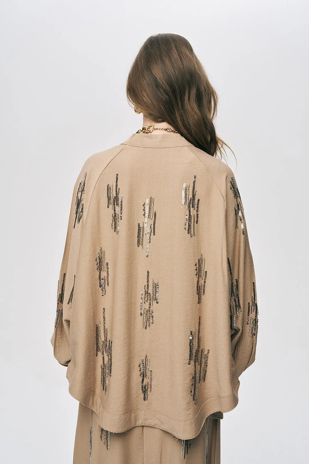 Orfeonegro Bej Işıltılı Payet İşlemeli Oversize Kimono ORFEONEGRO