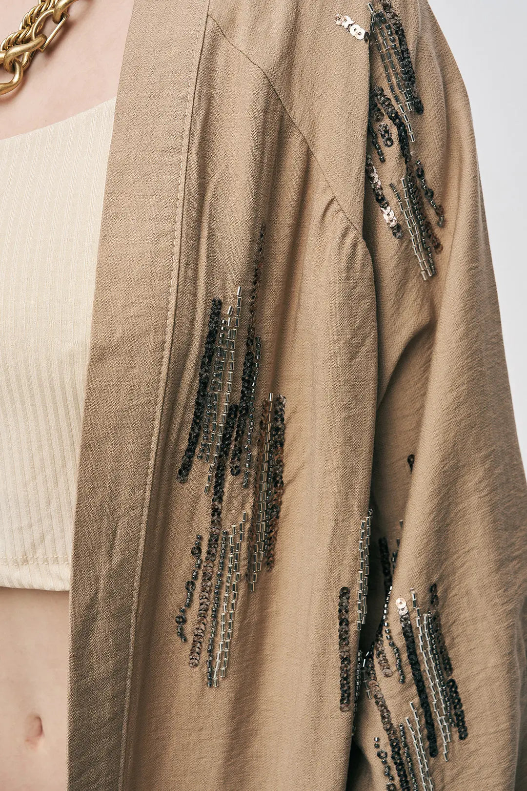 Orfeonegro Bej Işıltılı Payet İşlemeli Oversize Kimono ORFEONEGRO