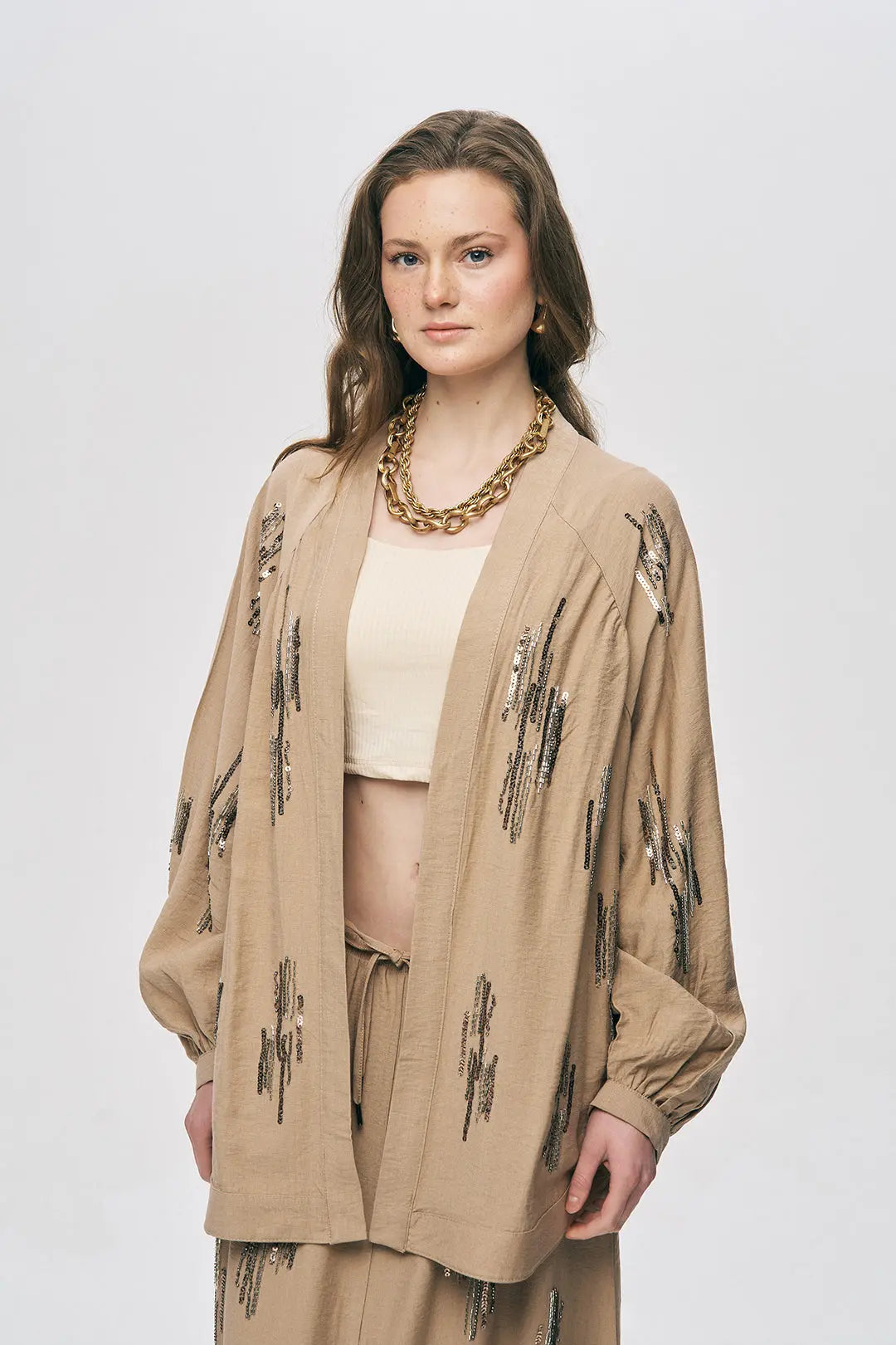 Orfeonegro Bej Işıltılı Payet İşlemeli Oversize Kimono ORFEONEGRO