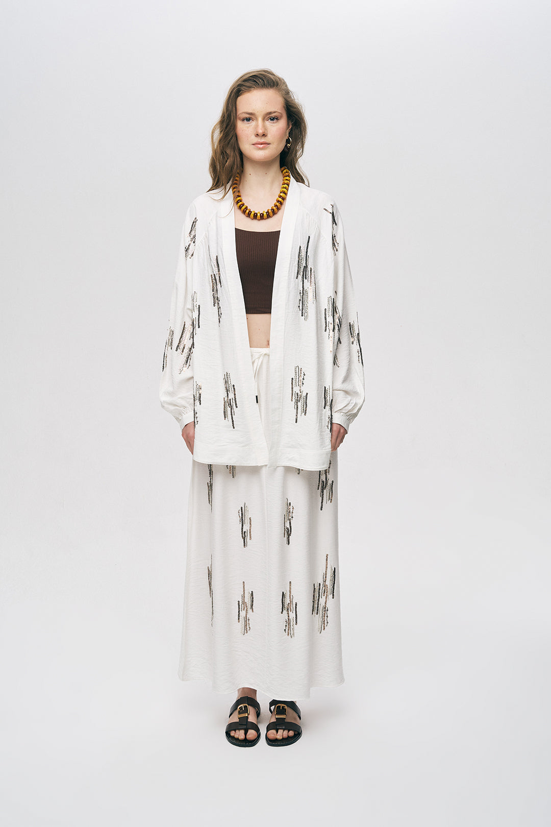 Orfeonegro Ekru Işıltılı Payet İşlemeli Oversize Kimono ORFEONEGRO