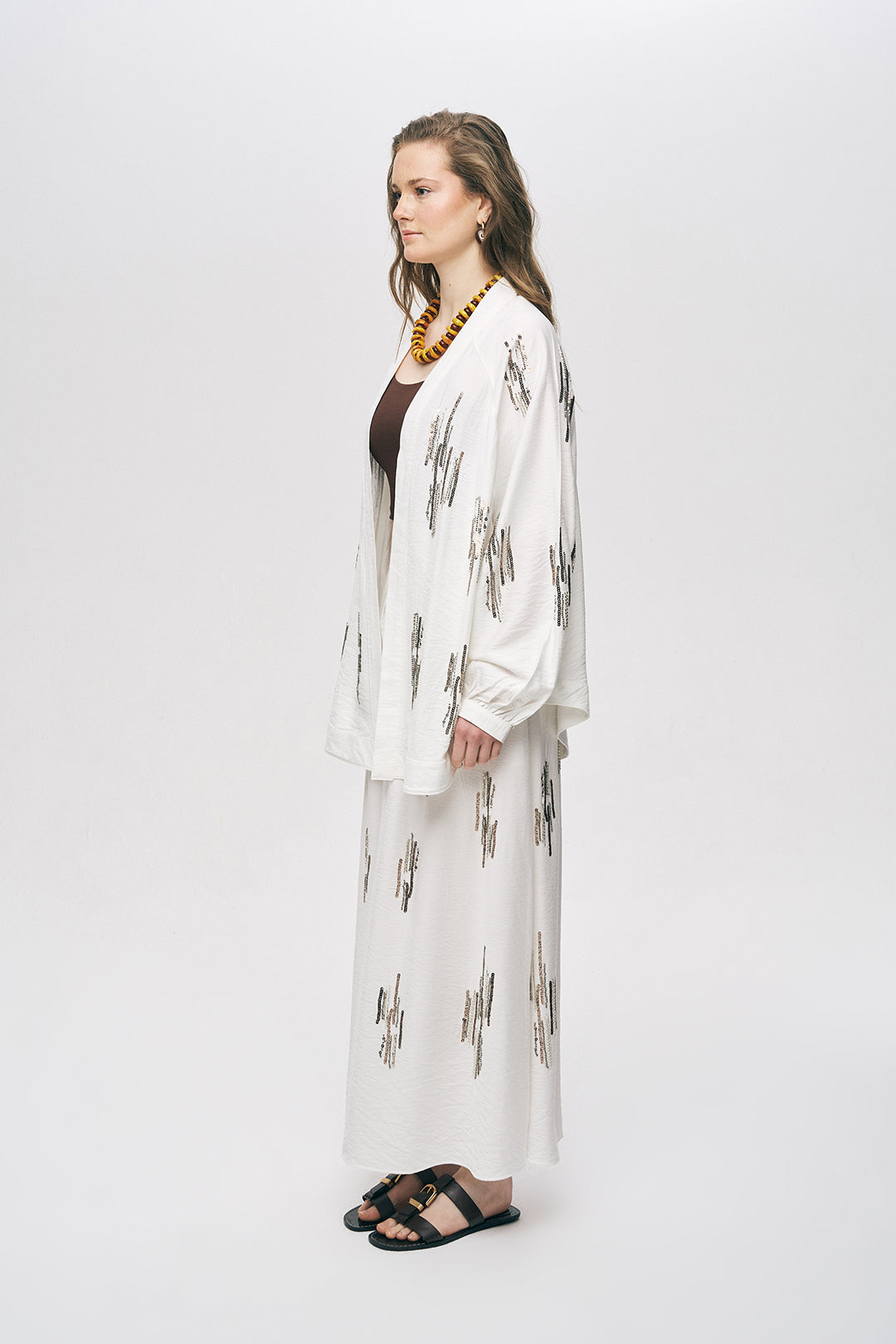 Orfeonegro Ekru Işıltılı Payet İşlemeli Oversize Kimono ORFEONEGRO