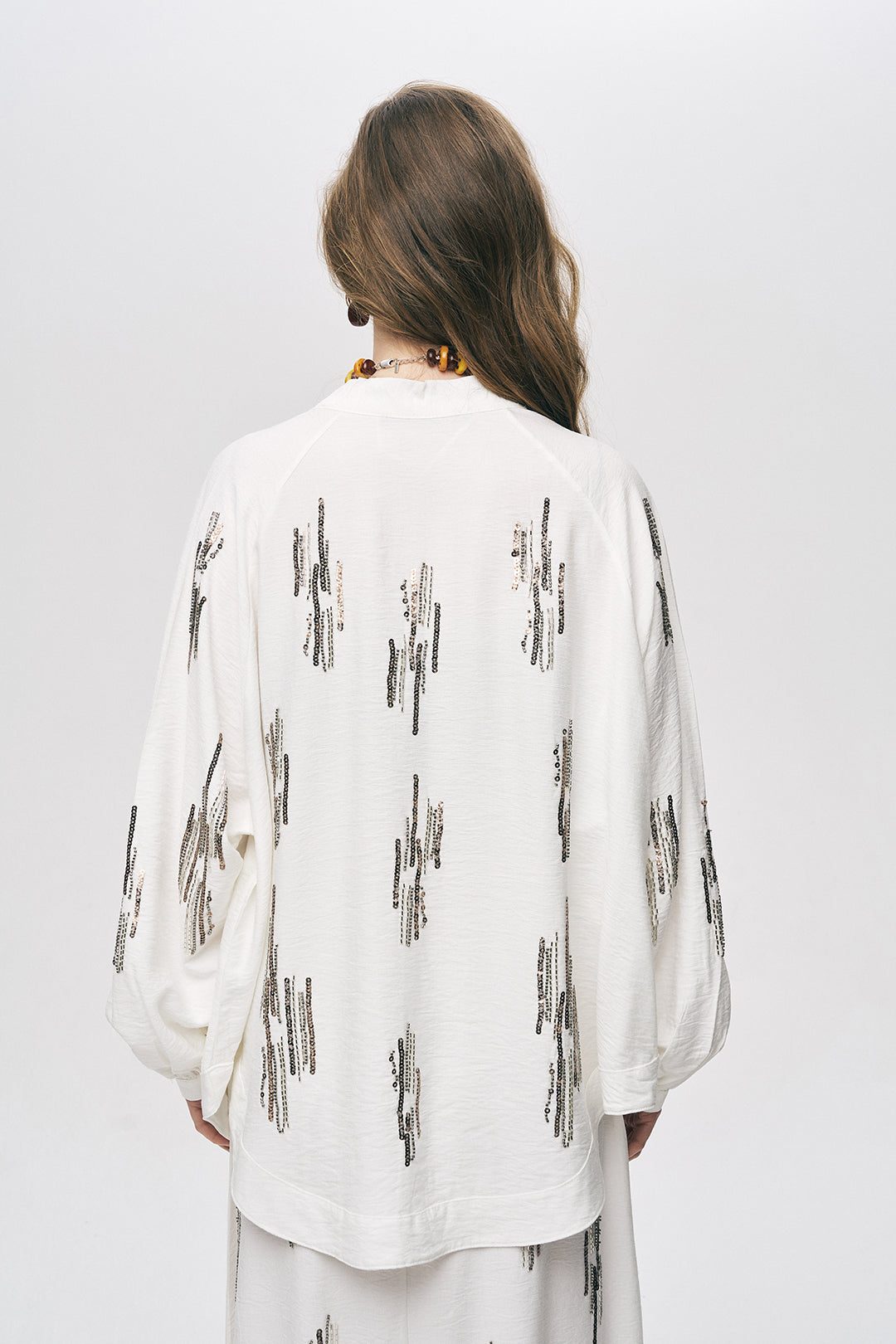 Orfeonegro Ekru Işıltılı Payet İşlemeli Oversize Kimono ORFEONEGRO