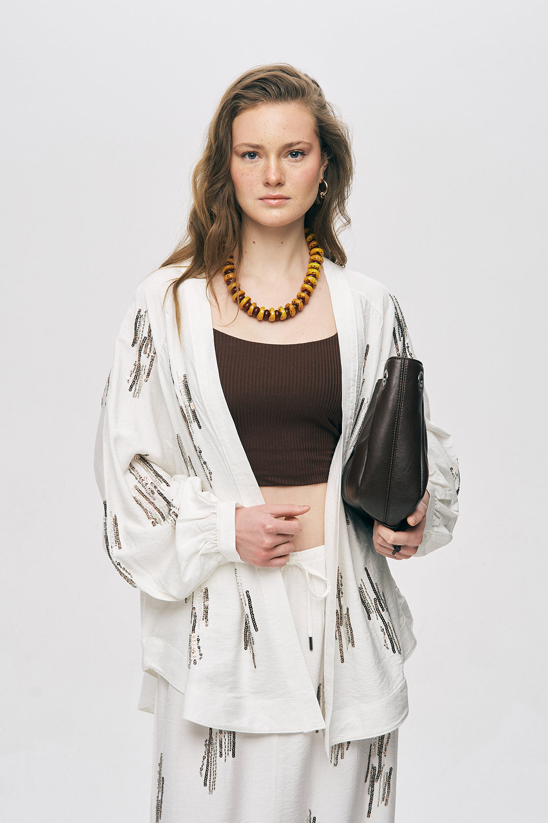 Orfeonegro Ekru Işıltılı Payet İşlemeli Oversize Kimono ORFEONEGRO