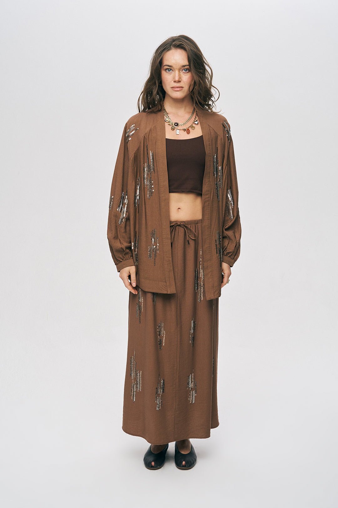 Orfeonegro Kahve Işıltılı Payet İşlemeli Oversize Kimono ORFEONEGRO