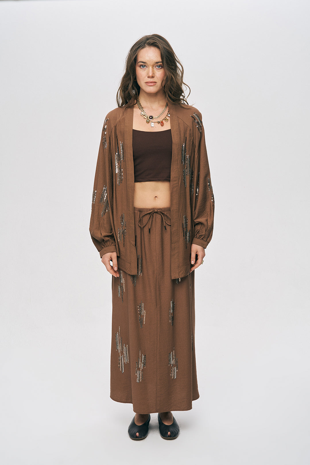 Orfeonegro Kahve Işıltılı Payet İşlemeli Oversize Kimono ORFEONEGRO