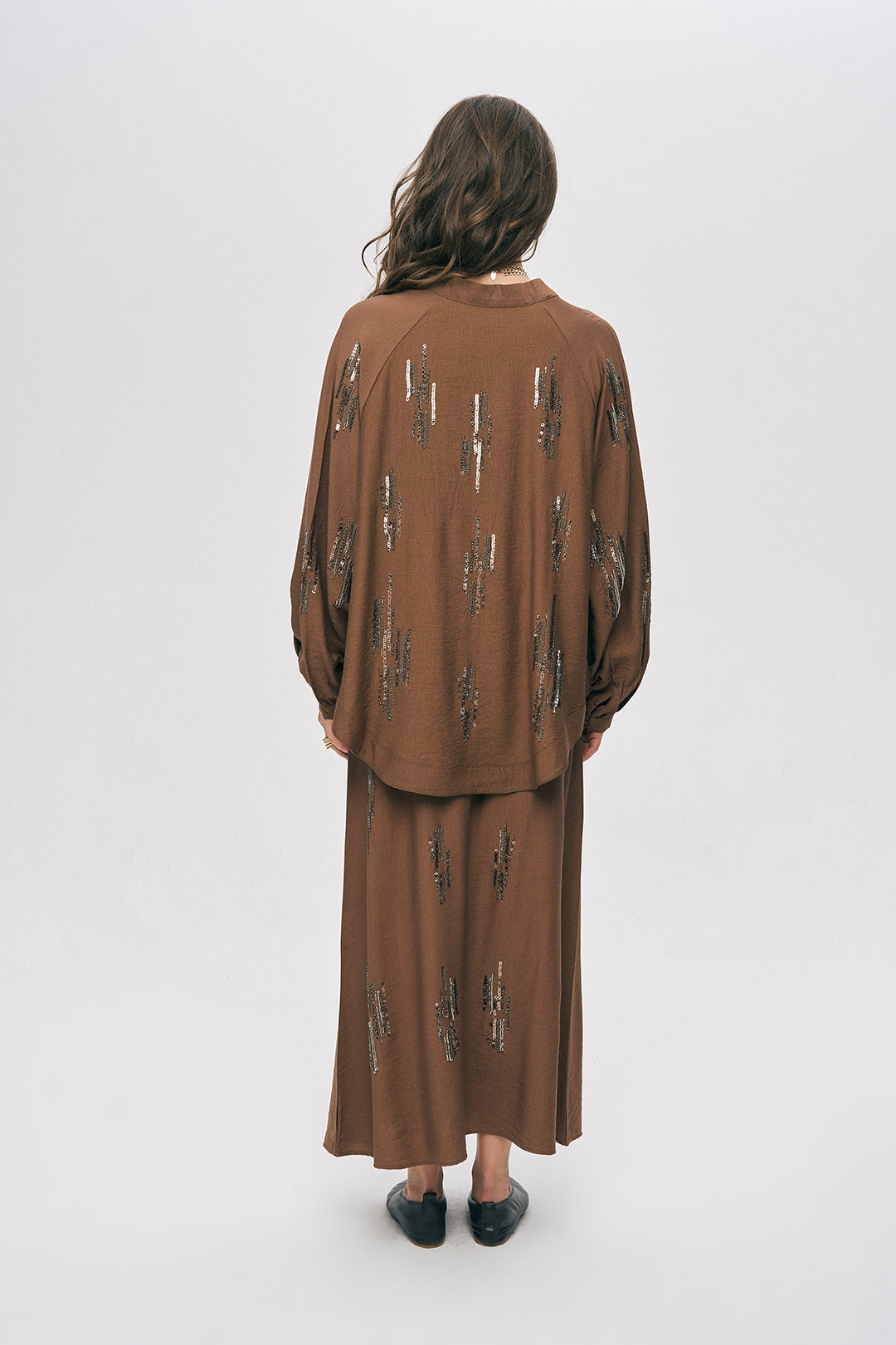 Orfeonegro Kahve Işıltılı Payet İşlemeli Oversize Kimono ORFEONEGRO