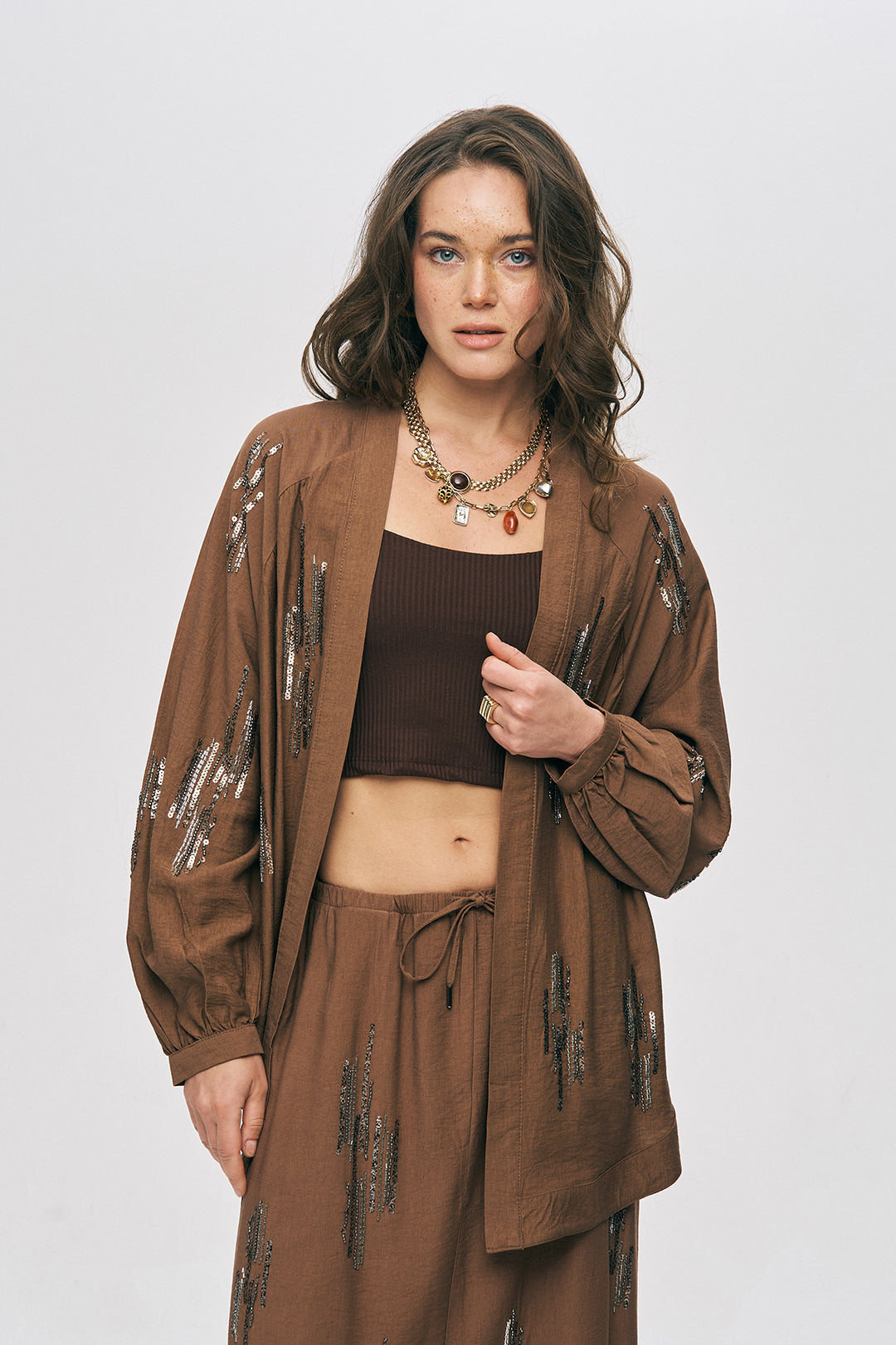 Orfeonegro Kahve Işıltılı Payet İşlemeli Oversize Kimono ORFEONEGRO