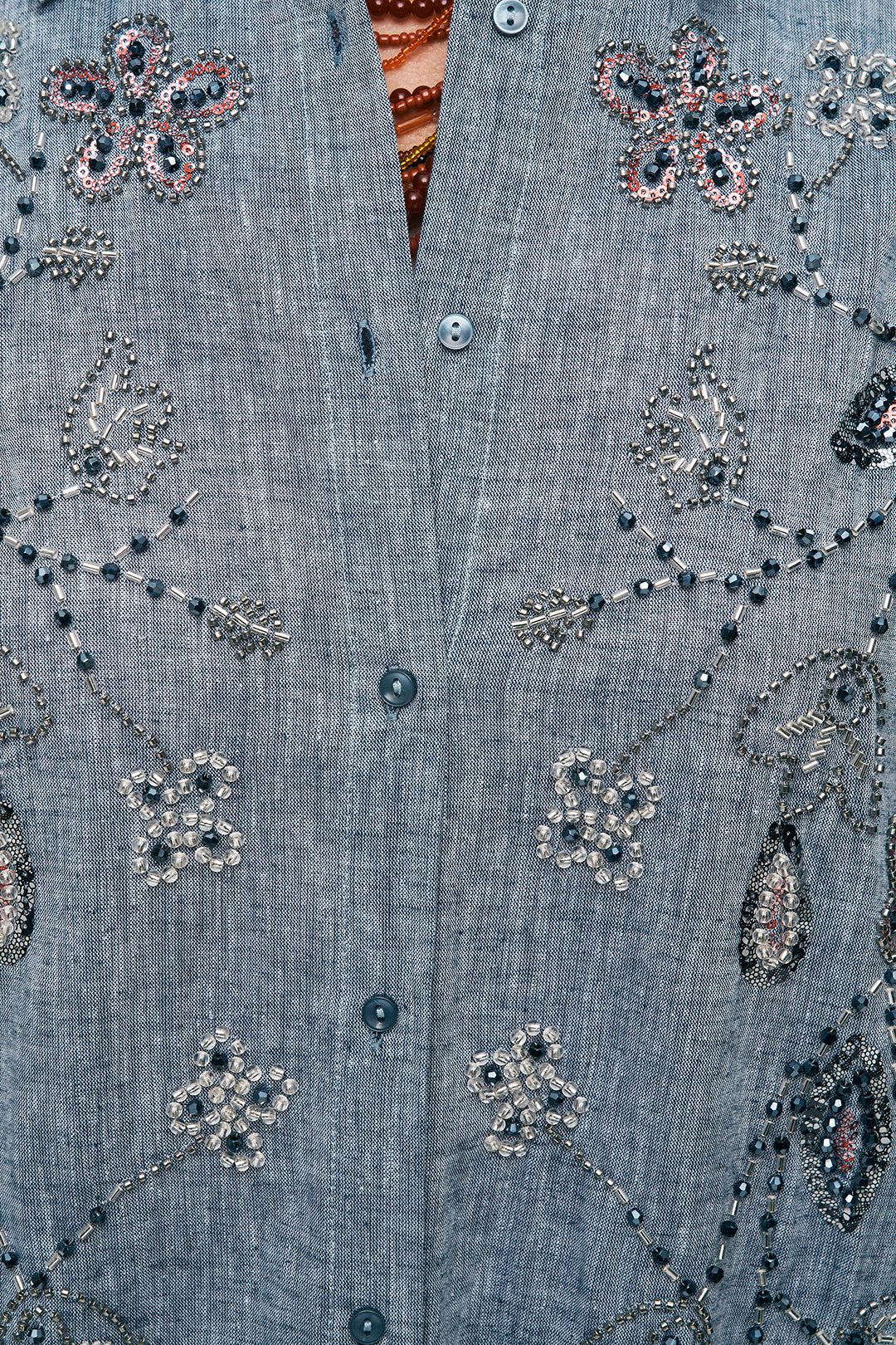 Nakışlı ve İşlemeli Keten Karışımlı Oversize Gömlek Antrasit