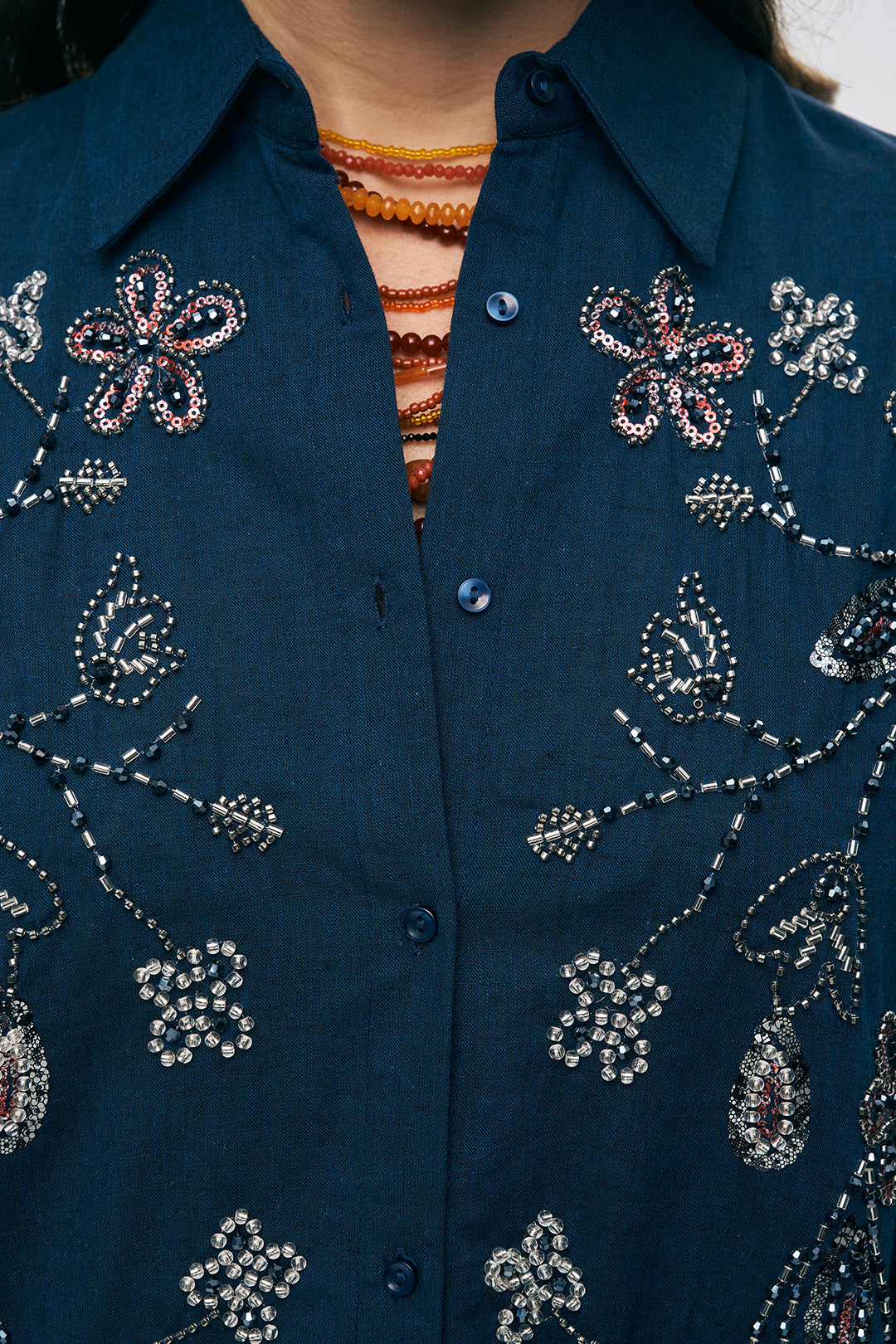 Nakışlı ve İşlemeli Keten Karışımlı Oversize Gömlek Lacivert