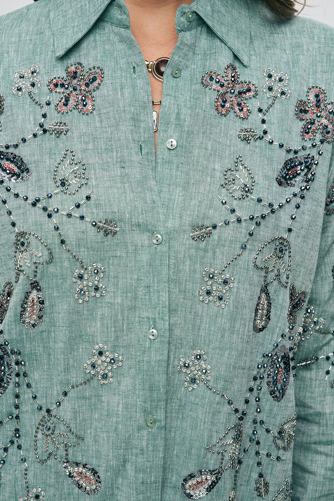 Nakışlı ve İşlemeli Keten Karışımlı Oversize Gömlek Yeşil