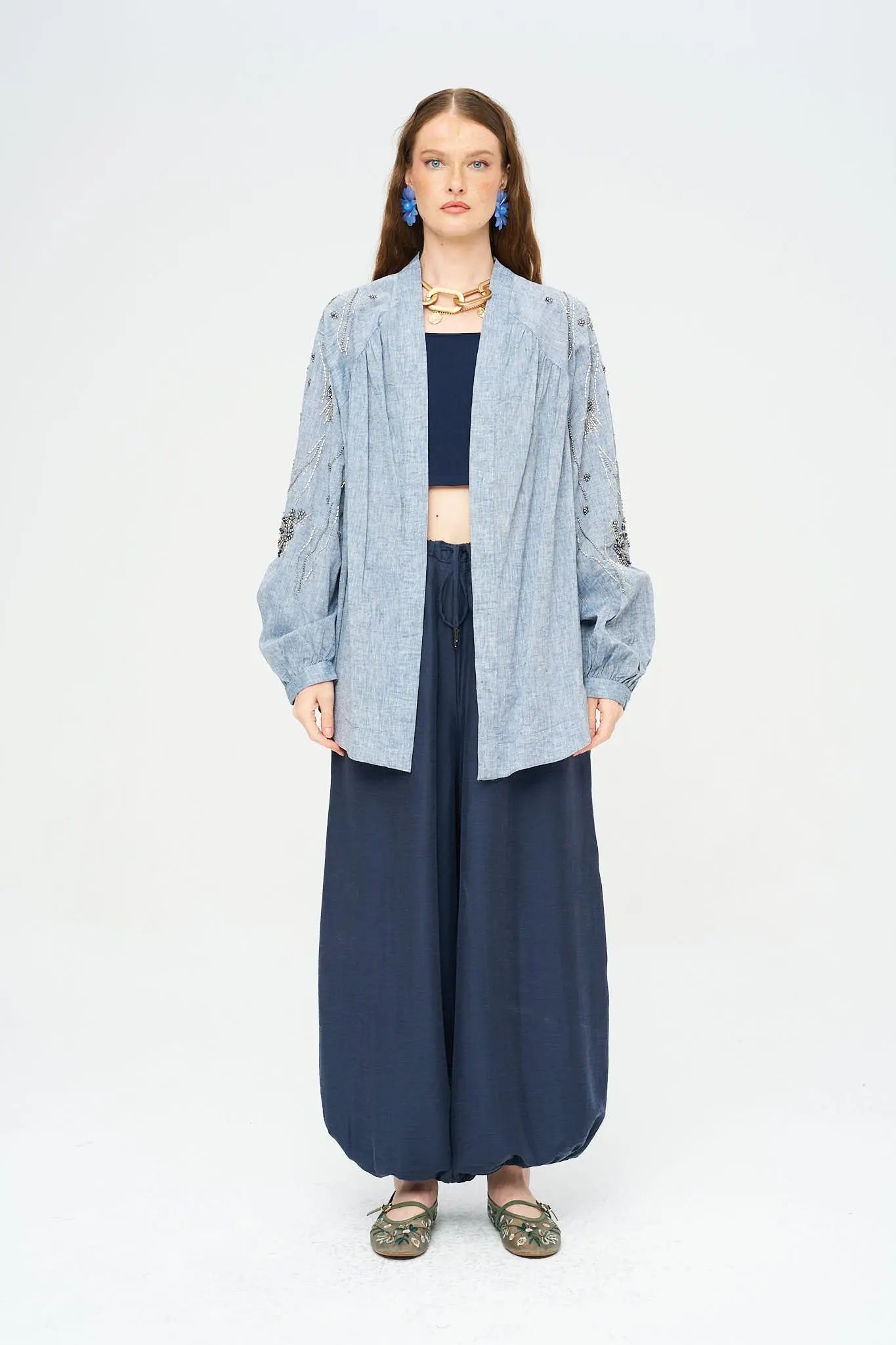 Orfeonegro Sırt ve Kol Boncuk İşlemeli Oversize Kimono Antrasit ORFEONEGRO