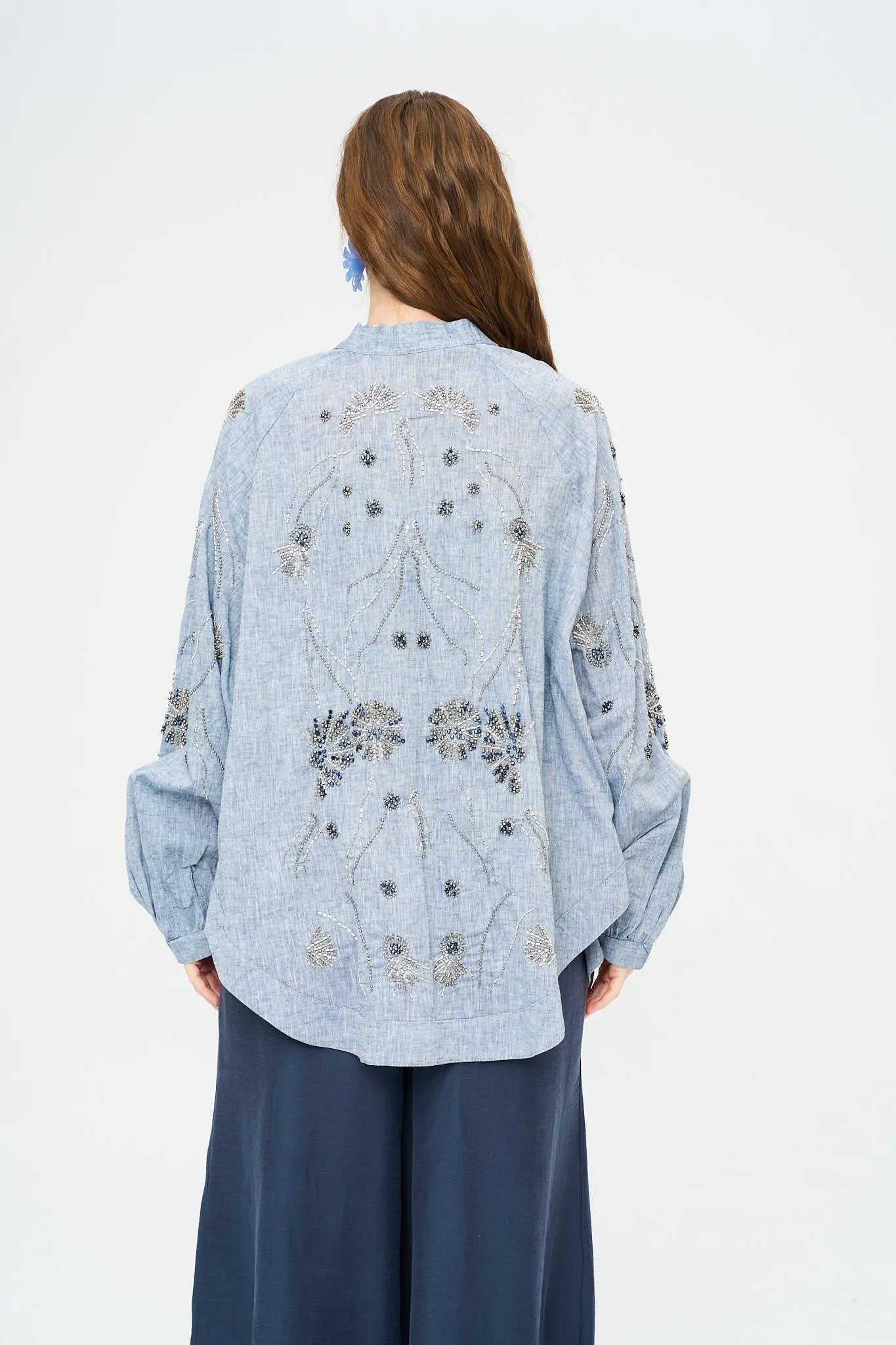 Orfeonegro Sırt ve Kol Boncuk İşlemeli Oversize Kimono Antrasit ORFEONEGRO