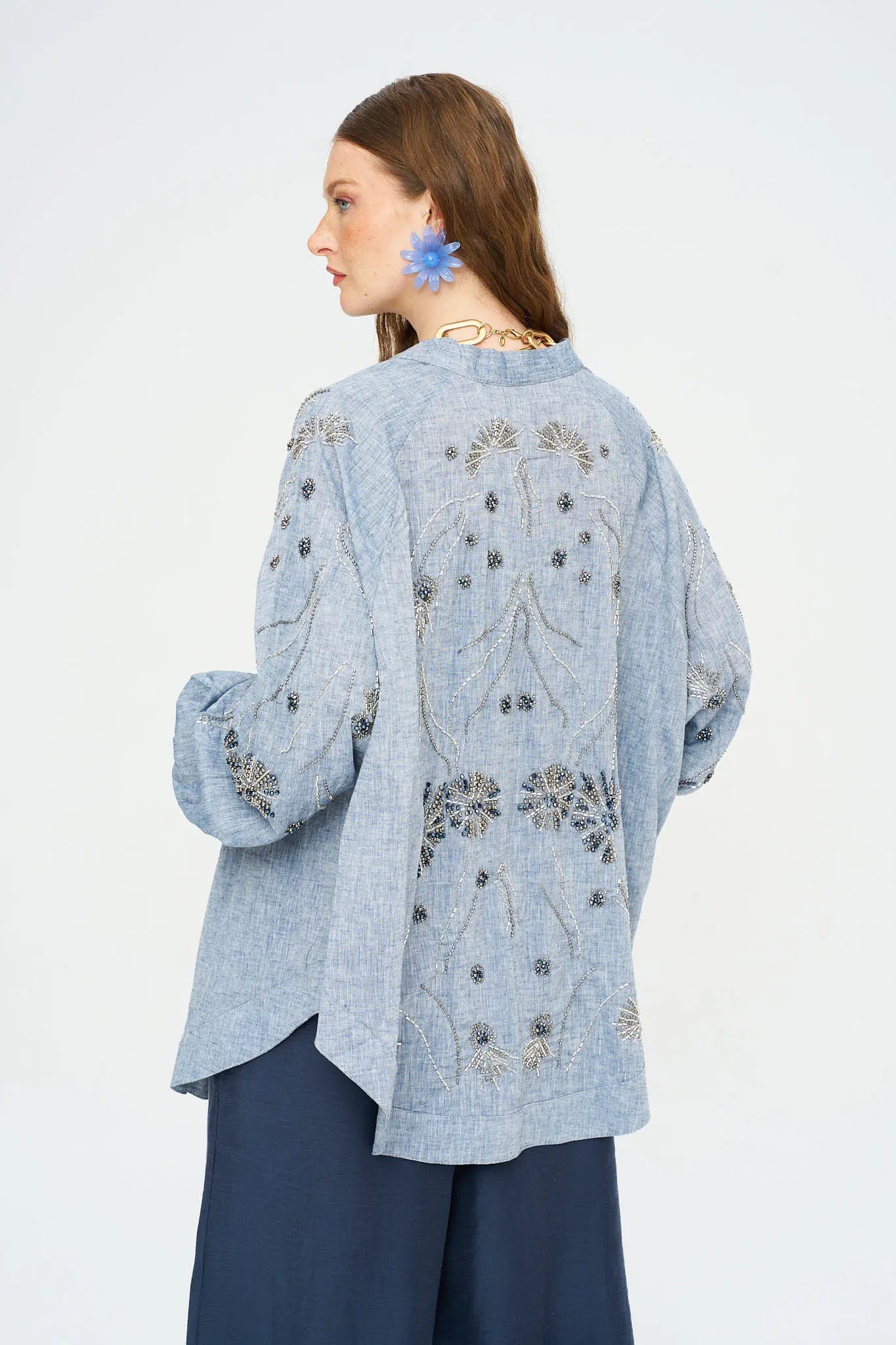 Orfeonegro Sırt ve Kol Boncuk İşlemeli Oversize Kimono Antrasit ORFEONEGRO