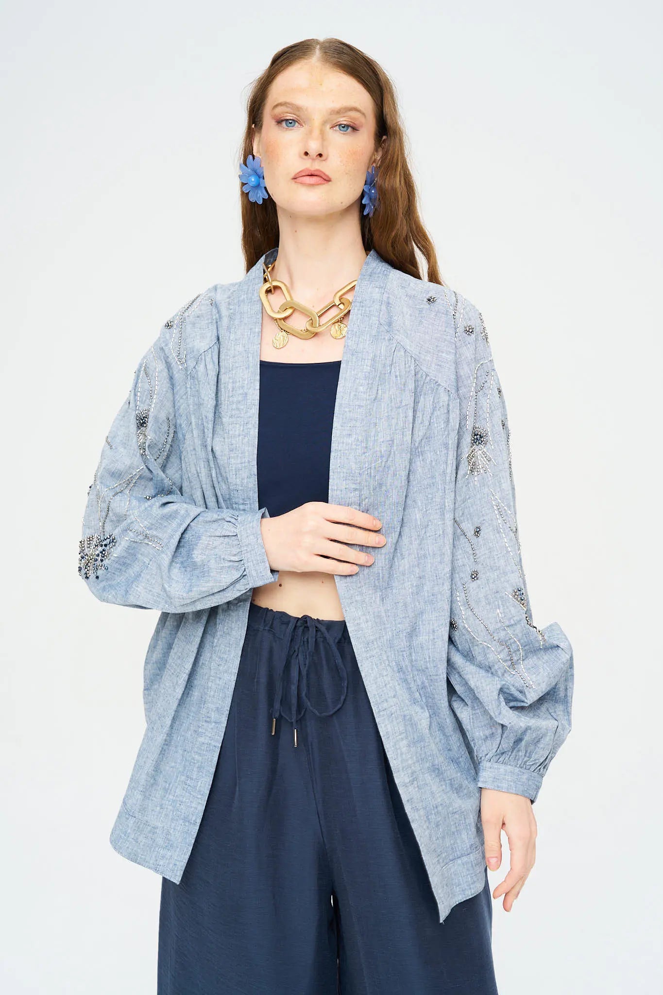 Orfeonegro Sırt ve Kol Boncuk İşlemeli Oversize Kimono Antrasit ORFEONEGRO