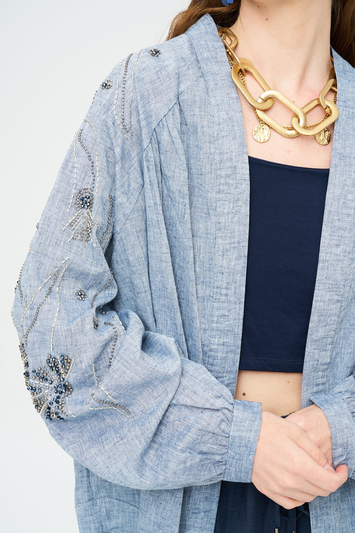 Orfeonegro Sırt ve Kol Boncuk İşlemeli Oversize Kimono Antrasit ORFEONEGRO