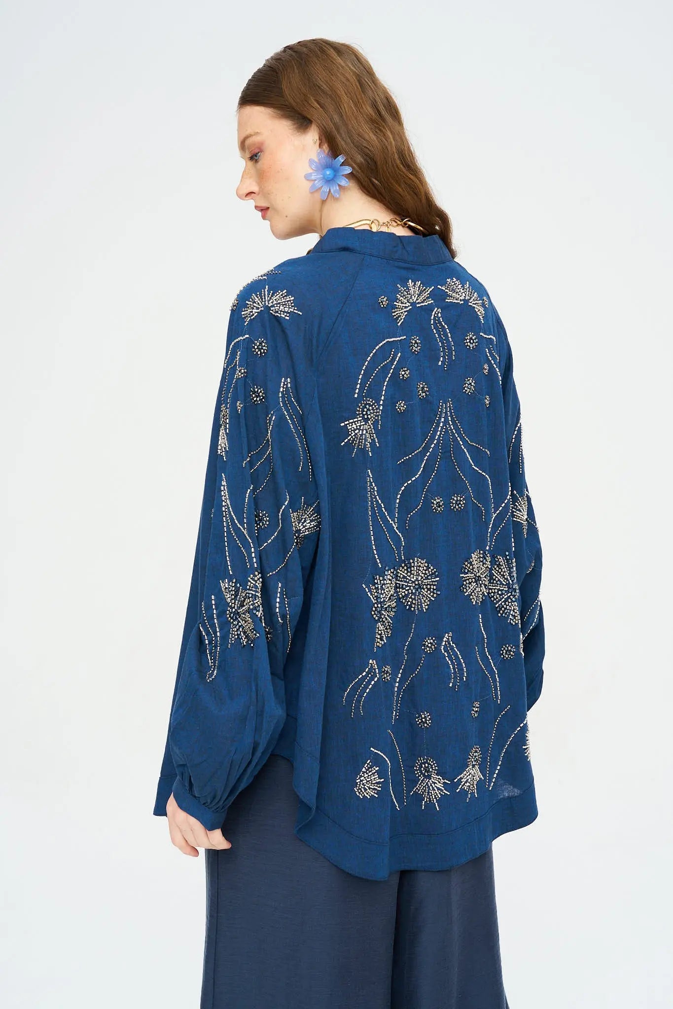 Orfeonegro Sırt ve Kol Boncuk İşlemeli Oversize Kimono Laci ORFEONEGRO