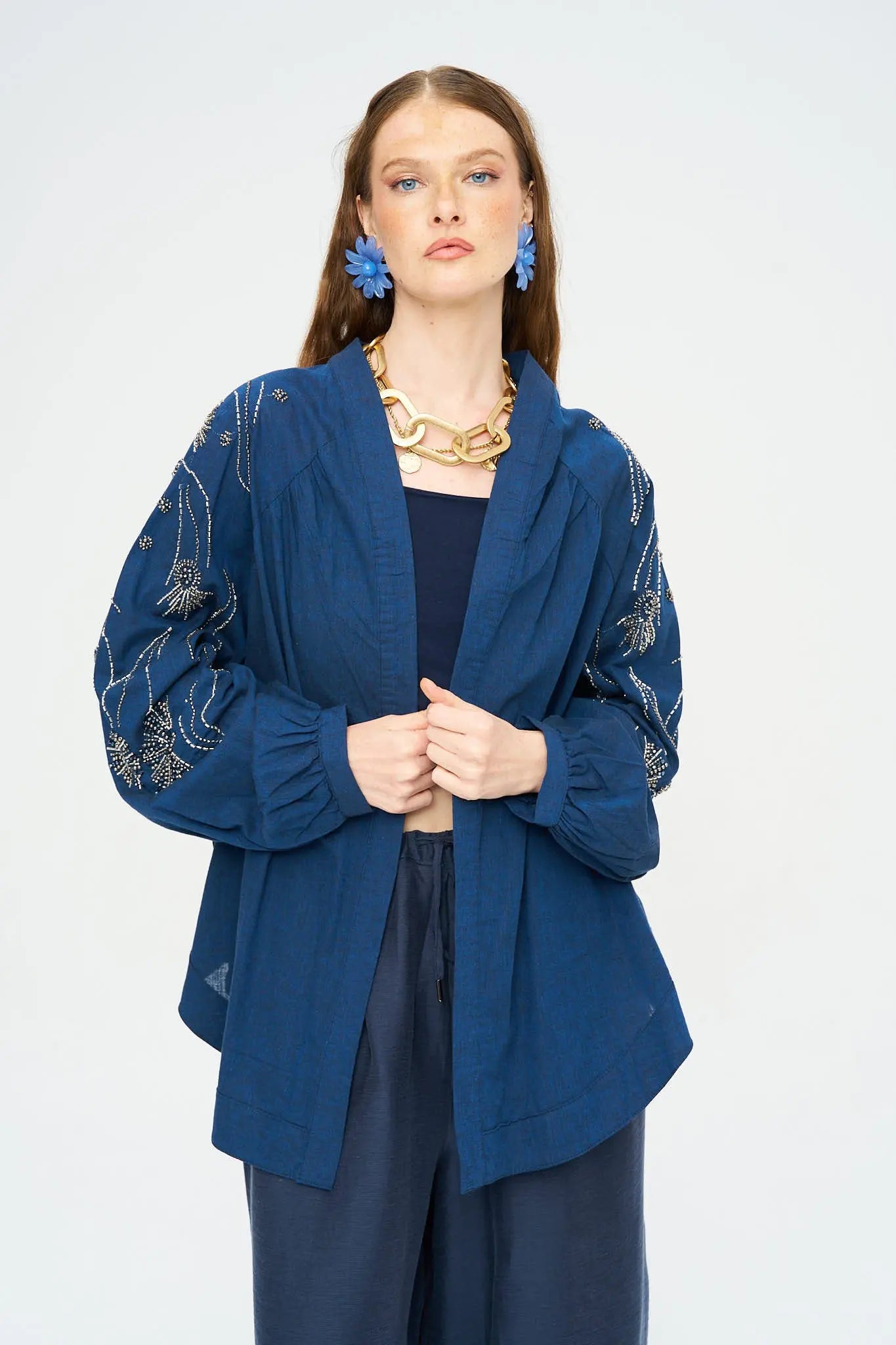 Orfeonegro Sırt ve Kol Boncuk İşlemeli Oversize Kimono Laci ORFEONEGRO