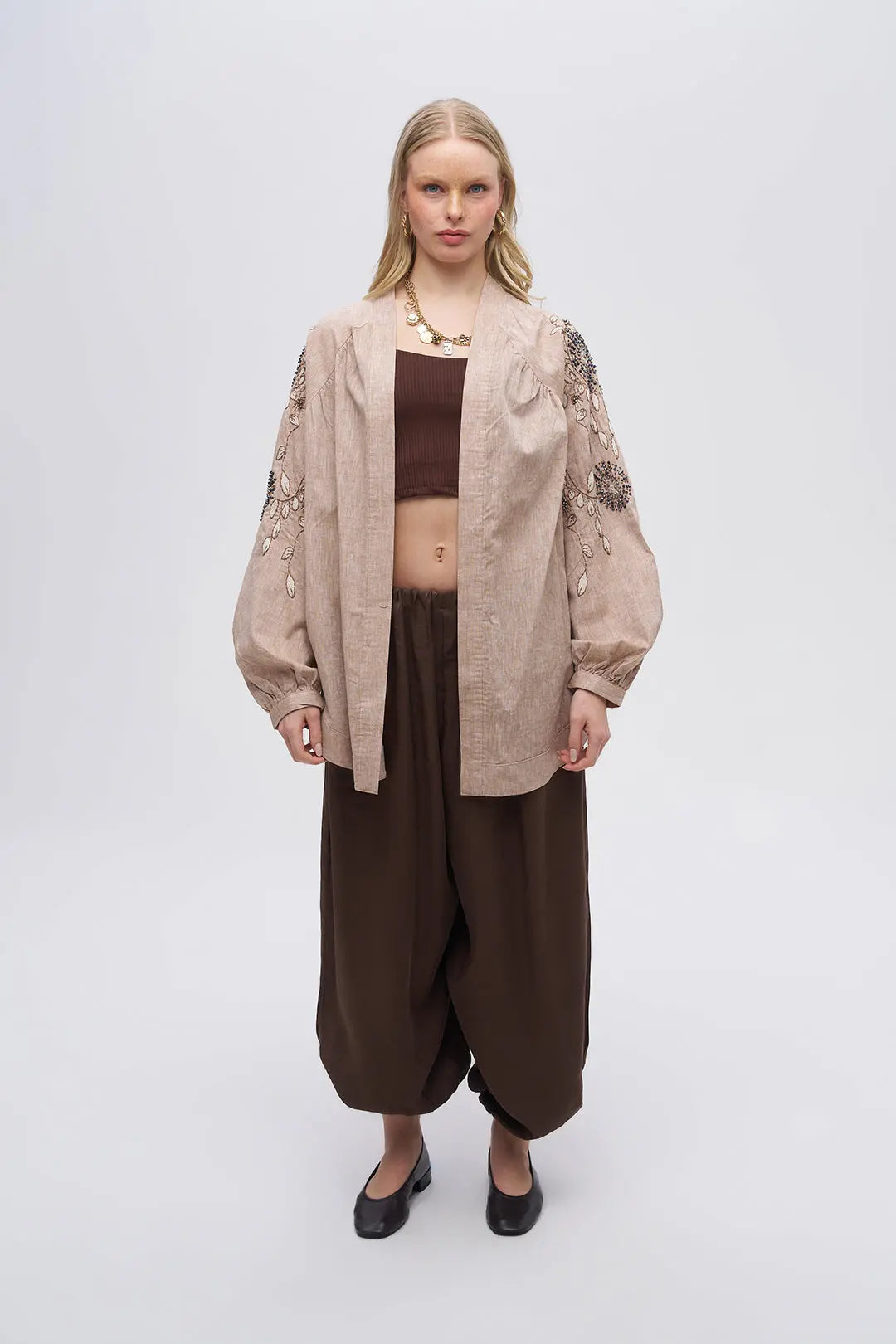 Kolu ve Sırtı İşlemeli Oversize Kimono A.Kahve ORFEONEGRO
