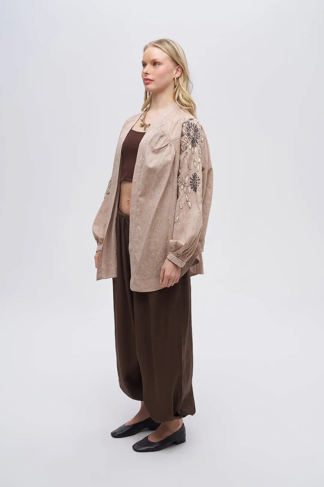 Kolu ve Sırtı İşlemeli Oversize Kimono A.Kahve ORFEONEGRO