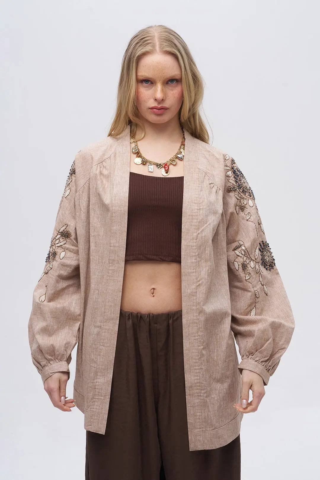 Kolu ve Sırtı İşlemeli Oversize Kimono A.Kahve ORFEONEGRO