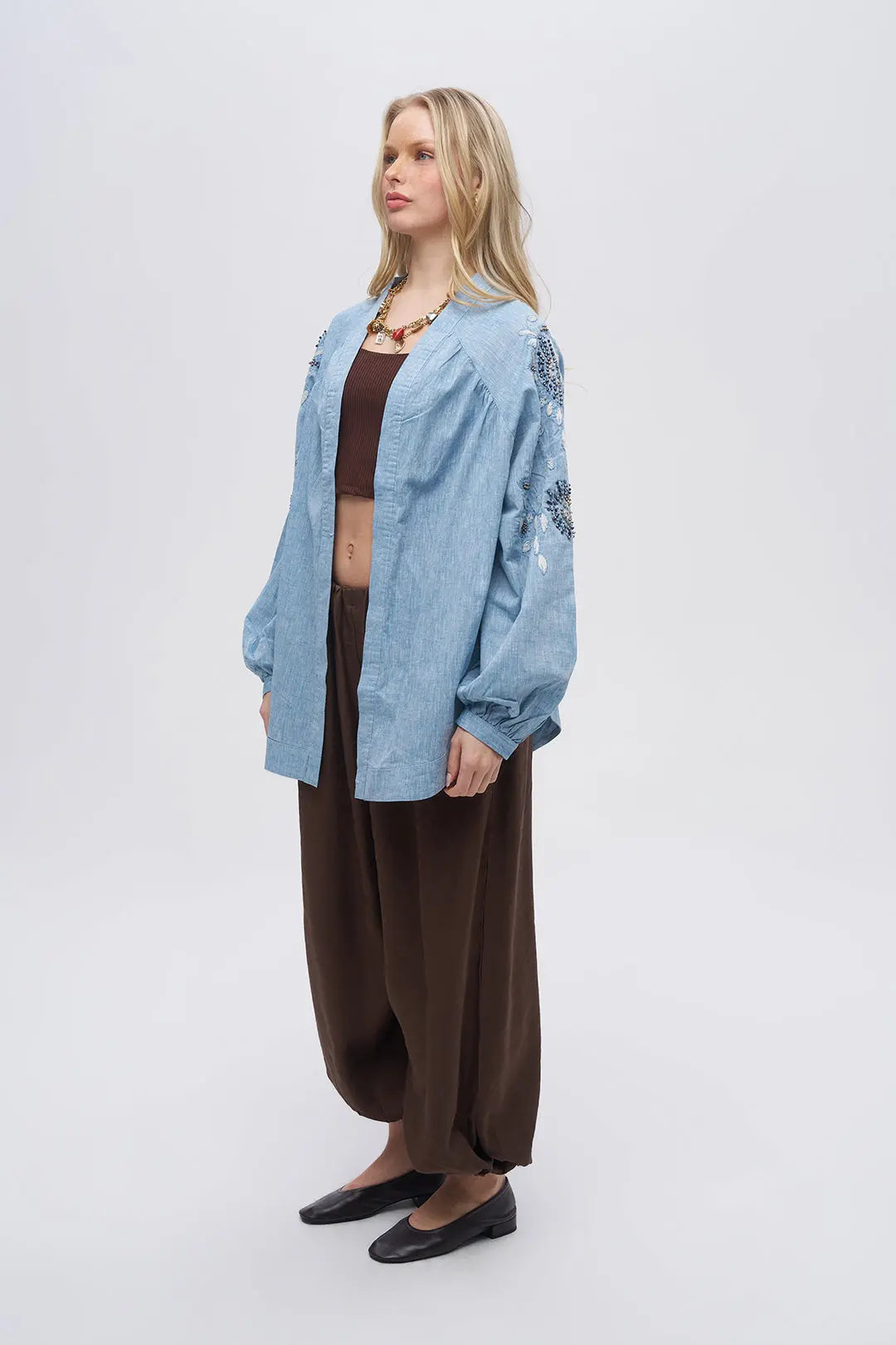 Kolu ve Sırtı İşlemeli Oversize Kimono Mavi ORFEONEGRO