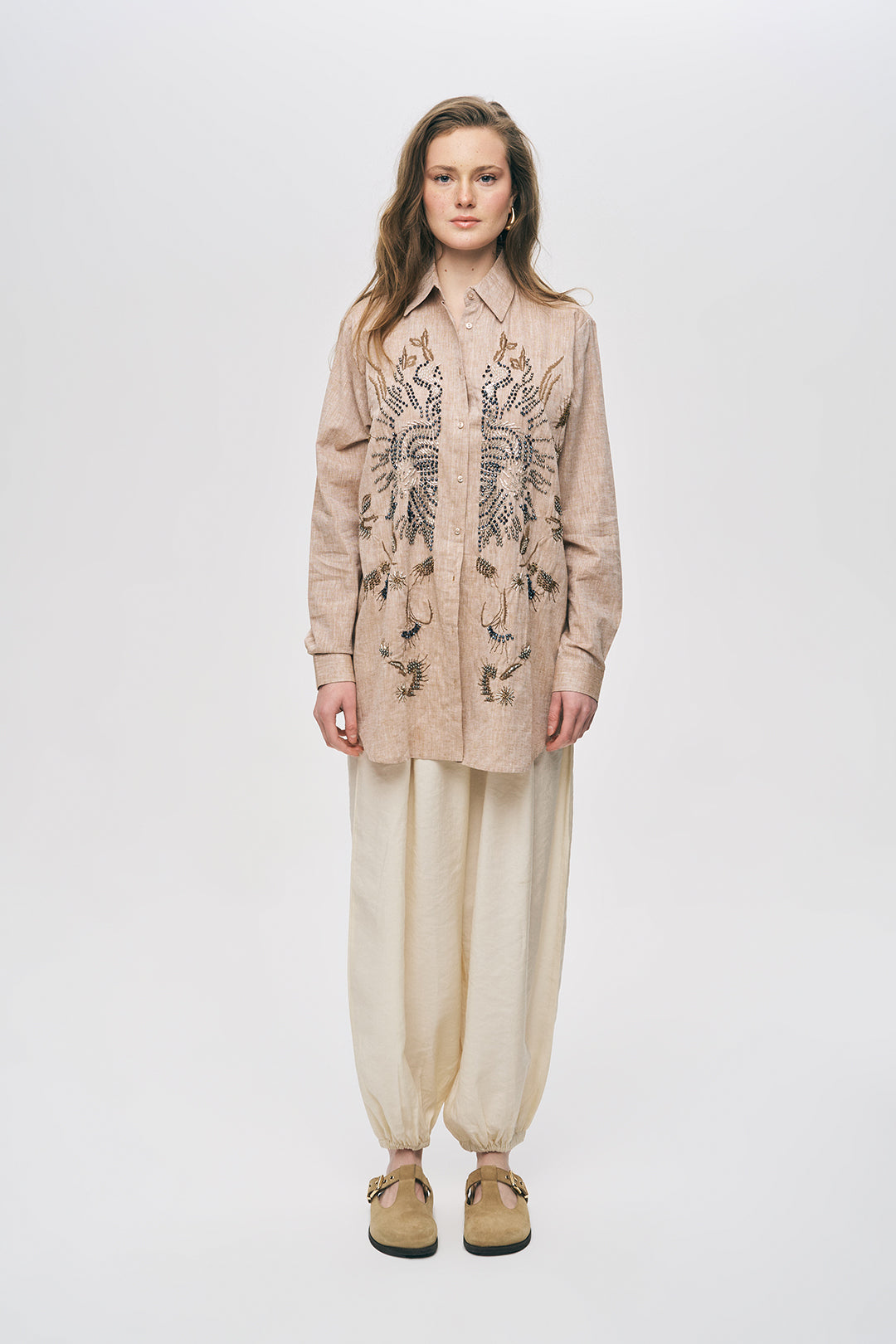 Orfeonegro Etnik Nakış ve Boncuk İşlemeli Keten Görünümlü Gömlek A.Kahve