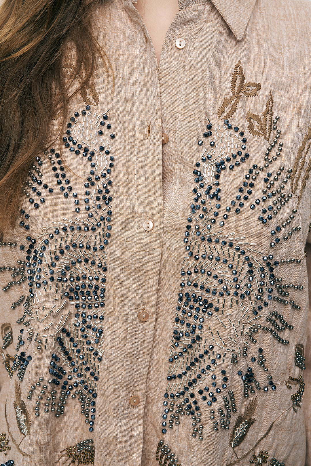 Orfeonegro Etnik Nakış ve Boncuk İşlemeli Keten Görünümlü Gömlek A.Kahve