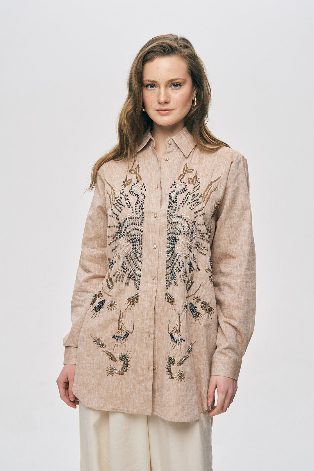 Orfeonegro Etnik Nakış ve Boncuk İşlemeli Keten Görünümlü Gömlek A.Kahve