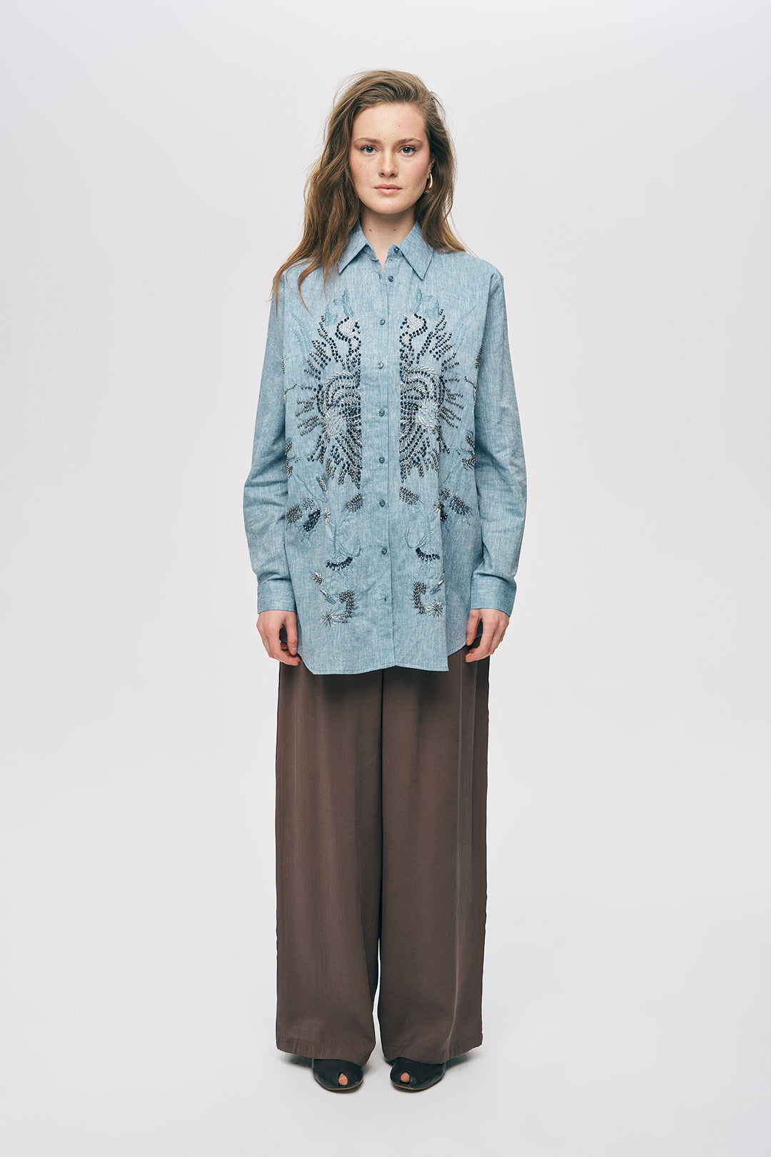 Orfeonegro Etnik Nakış ve Boncuk İşlemeli Keten Görünümlü Gömlek Mavi