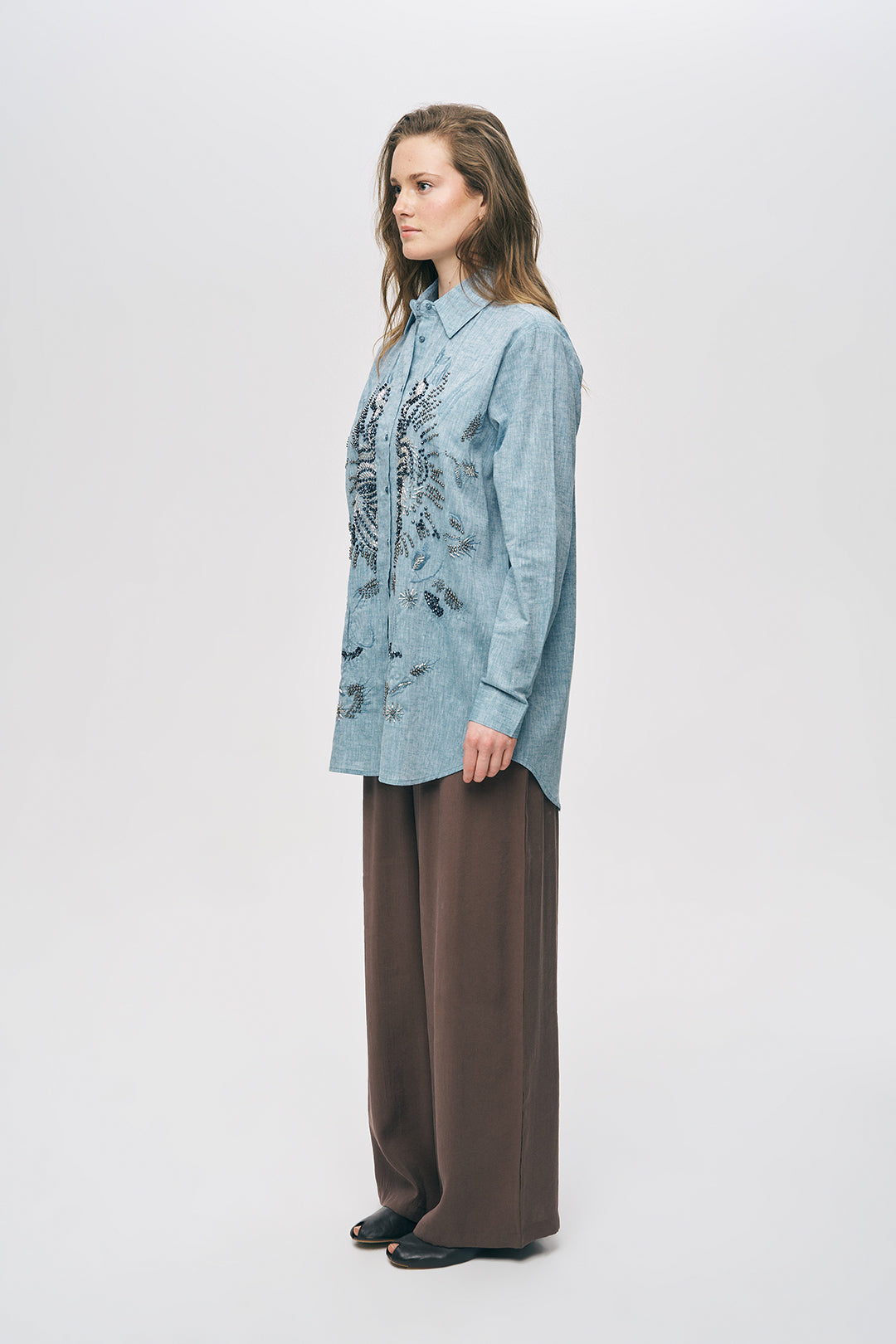 Orfeonegro Etnik Nakış ve Boncuk İşlemeli Keten Görünümlü Gömlek Mavi