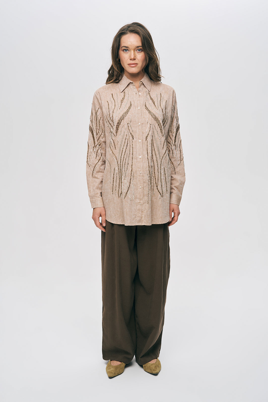 Boncuk İşlemeli Oversize Gömlek A.Kahve
