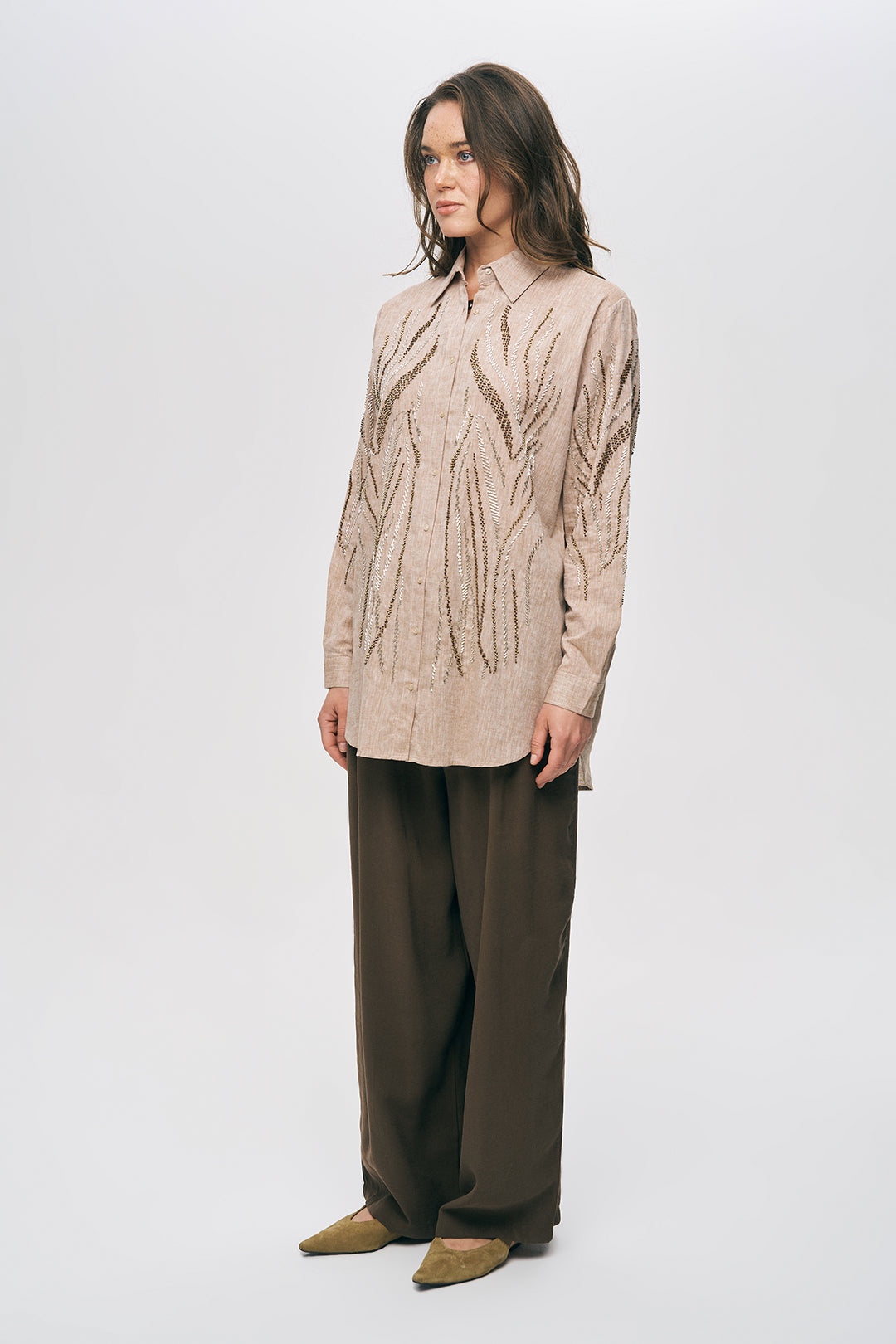 Boncuk İşlemeli Oversize Gömlek A.Kahve