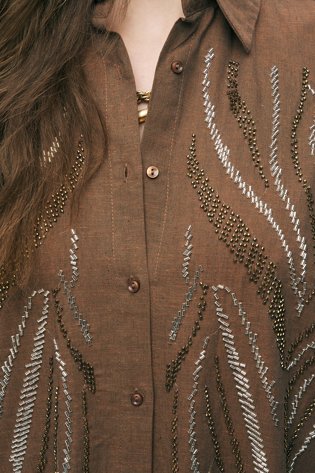 Boncuk İşlemeli Oversize Gömlek Kahve