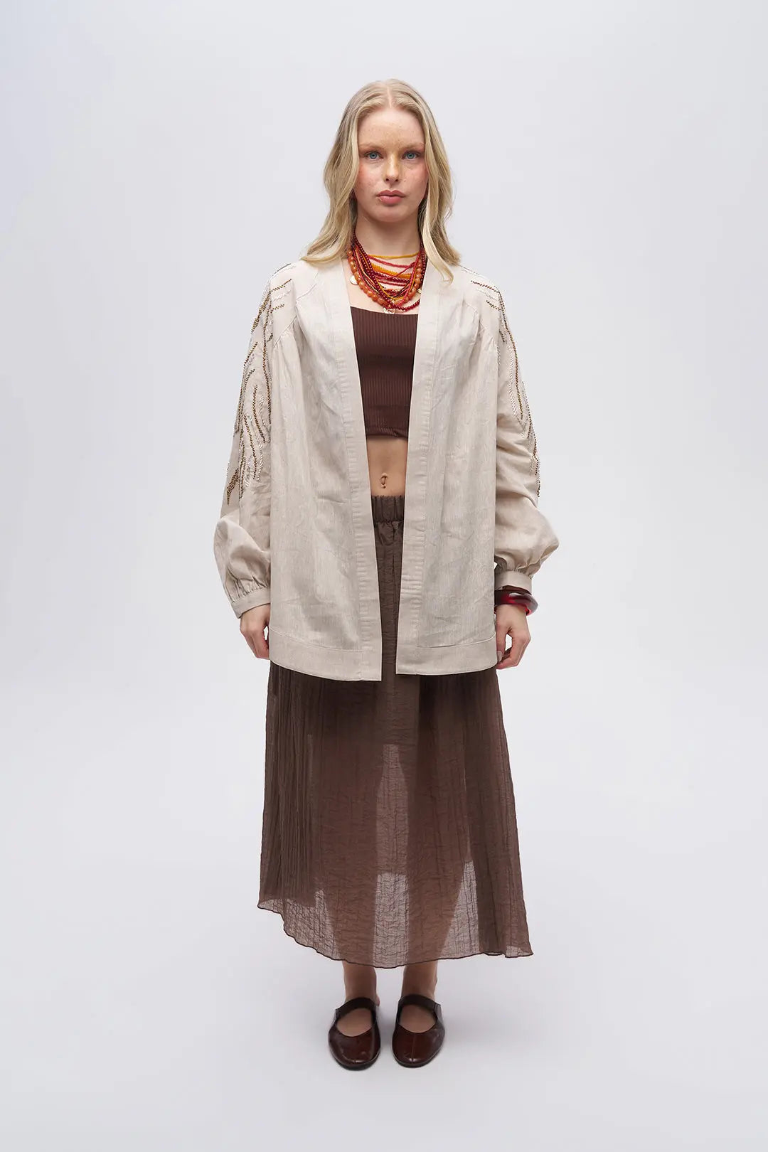 Sırt ve Kol İşlemeli Oversize A.Bej Kimono ORFEONEGRO