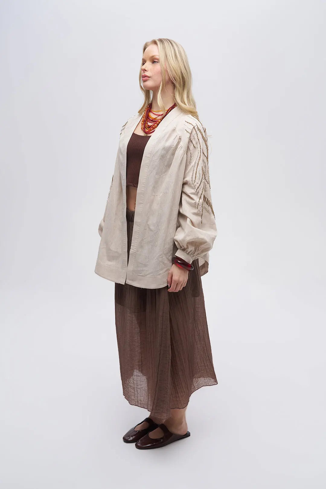 Sırt ve Kol İşlemeli Oversize A.Bej Kimono ORFEONEGRO