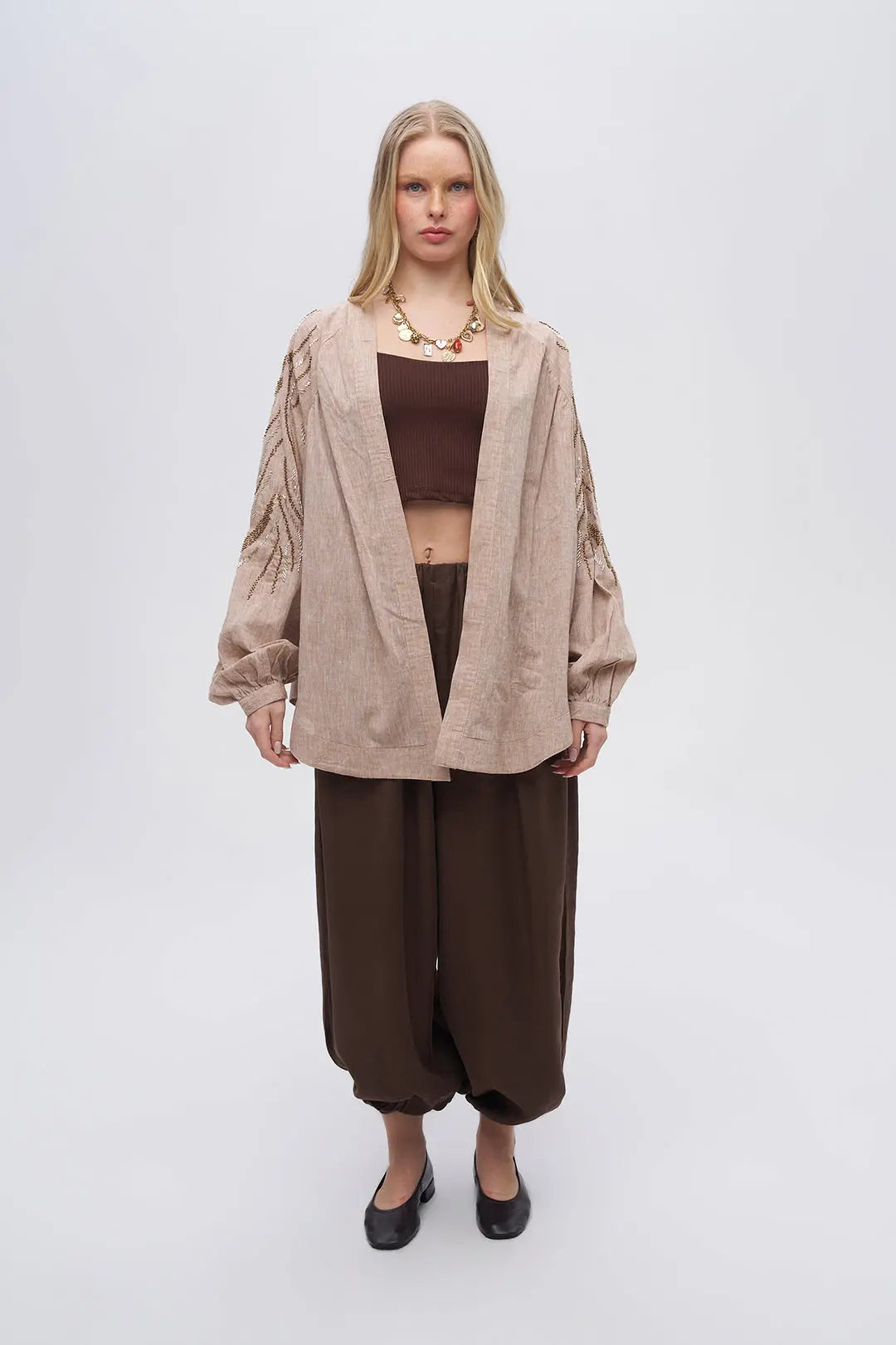 Sırt ve Kol İşlemeli Oversize A.Kahve Kimono ORFEONEGRO