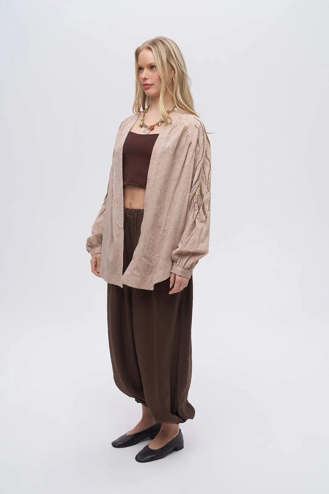 Sırt ve Kol İşlemeli Oversize A.Kahve Kimono ORFEONEGRO